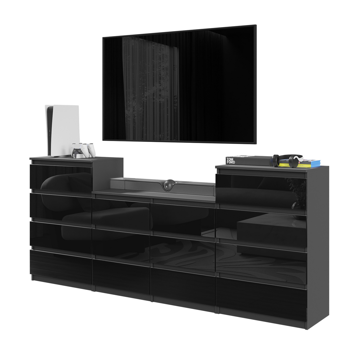 Kommode / Sideboard Anthrazit / Schwarz Hochglanz 220cm – Gabriel