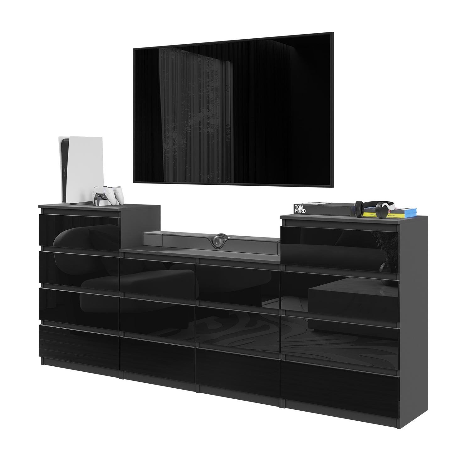 GABRIEL - Kommode / Sideboard mit 14 Schubladen (4+6+4) -  Anthrazit / Schwarz Gloss