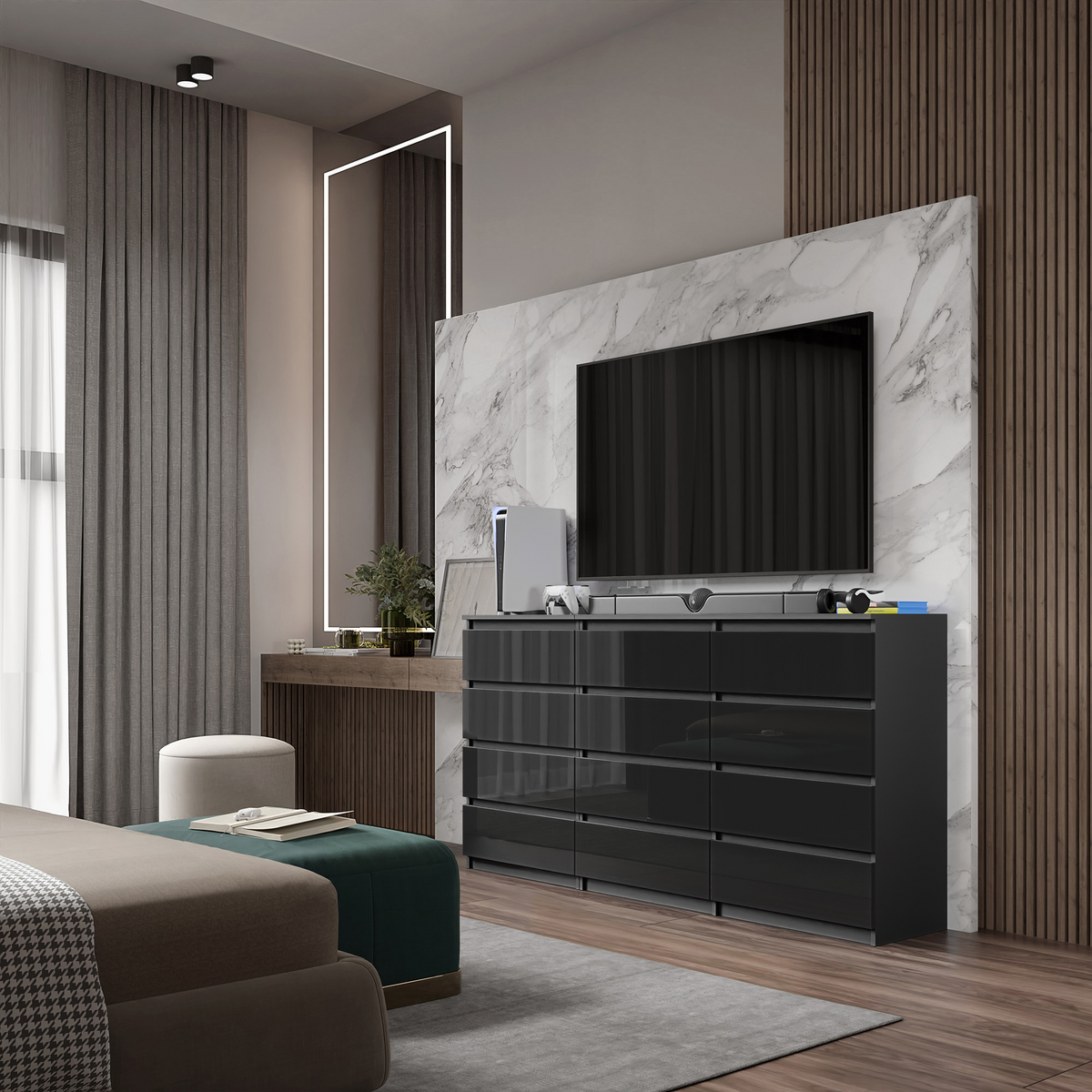 Kommode / Sideboard Anthrazit / Schwarz Hochglanz 180cm – Gabriel