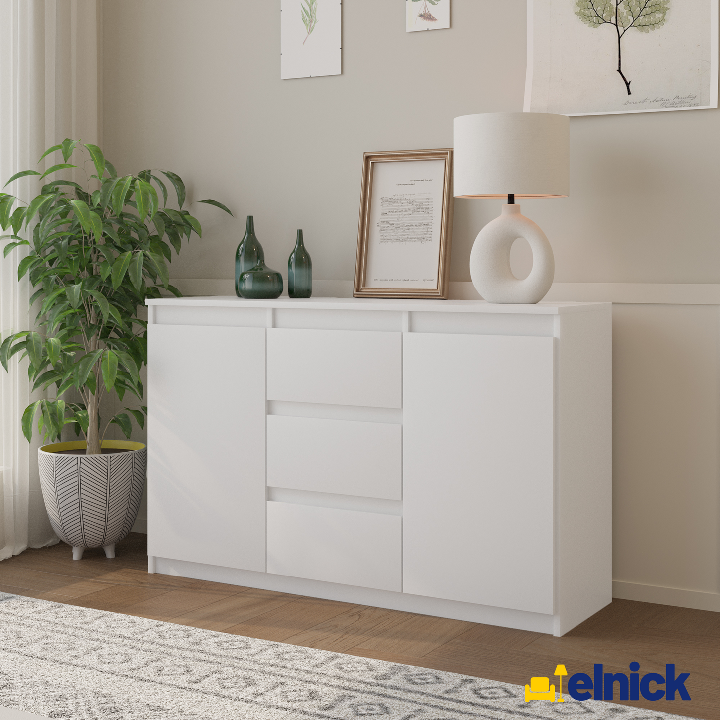 MIKEL - Kommode / Sideboard mit 3 Schubladen und 2 Türen - Weiß Matt