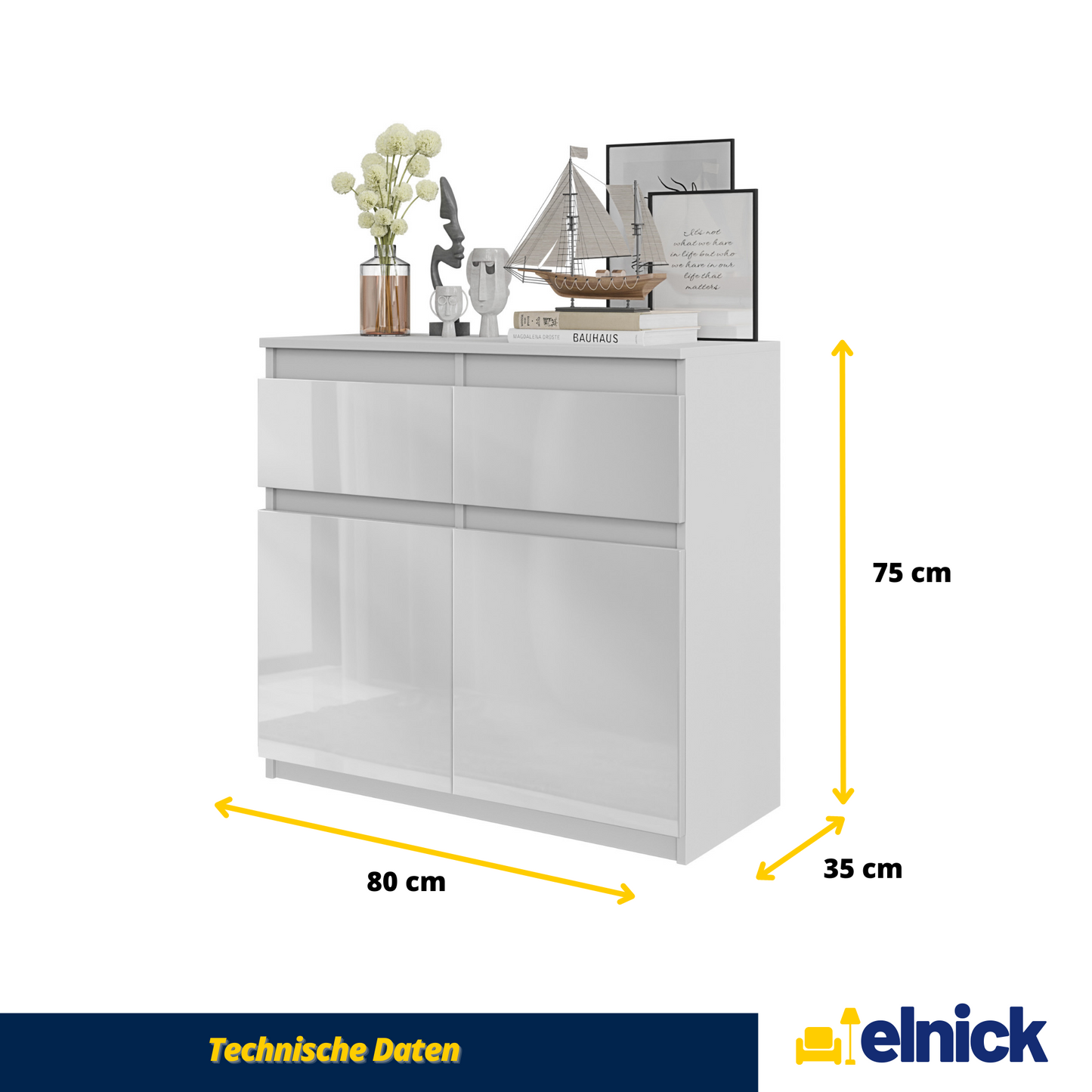 NOAH - Kommode / Sideboard mit 2 Schubladen und 2 Türen - Weiß Matt / Weiß Gloss