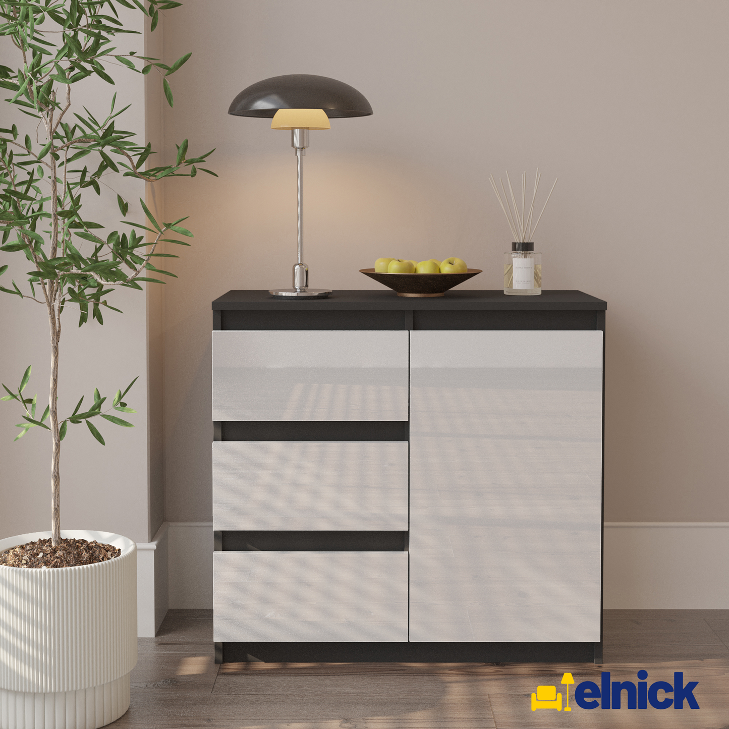 MIKEL - Kommode / Sideboard mit 3 Schubladen und 1 Tür - Anthrazit Grau / Weiß Gloss