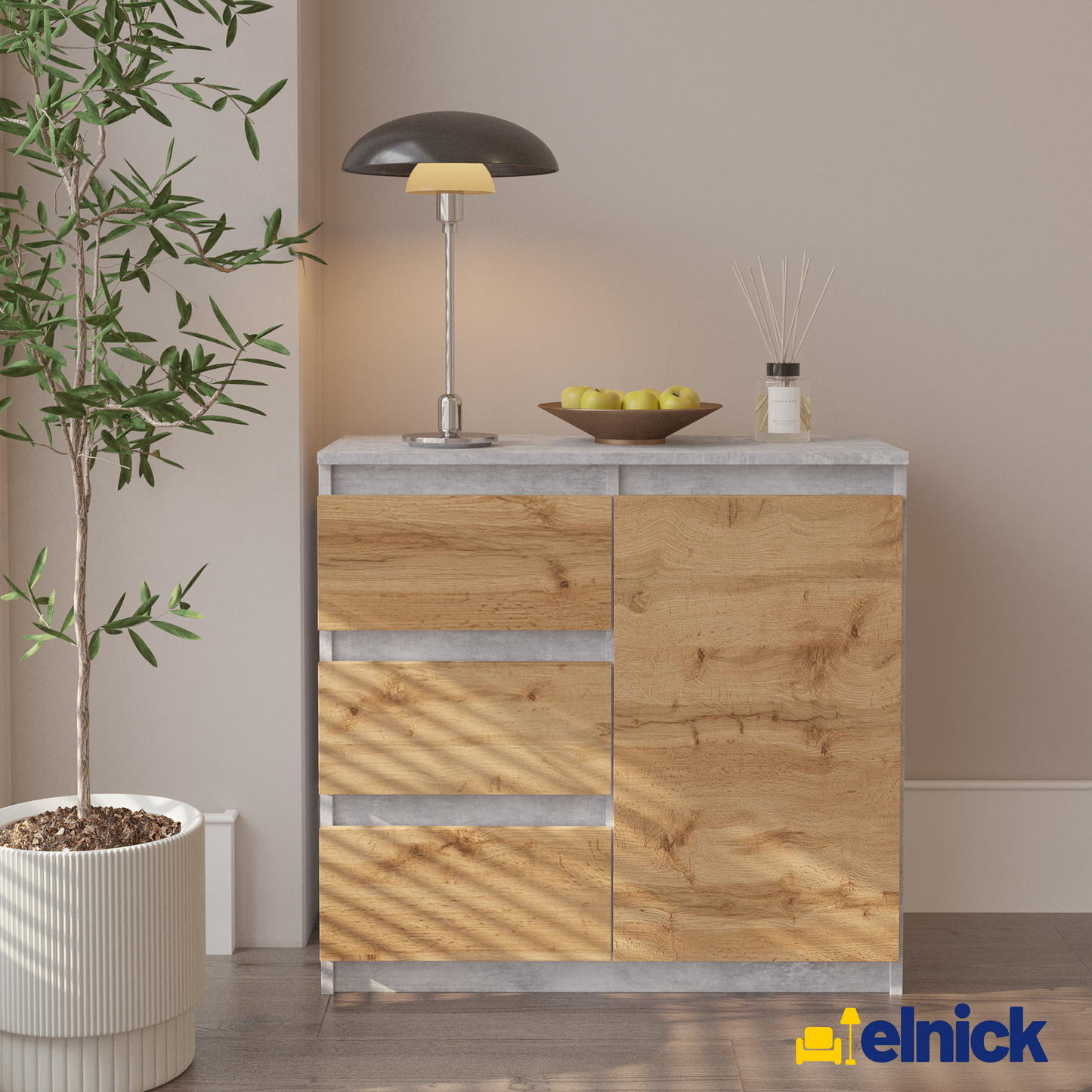 MIKEL - Kommode / Sideboard mit 3 Schubladen und 1 Tür - Beton-Optik / Wotan Eiche