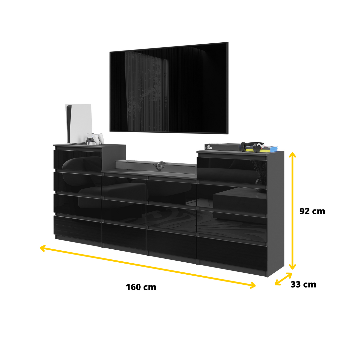 GABRIEL - Kommode / Sideboard mit 14 Schubladen (4+6+4) -  Anthrazit / Schwarz Gloss