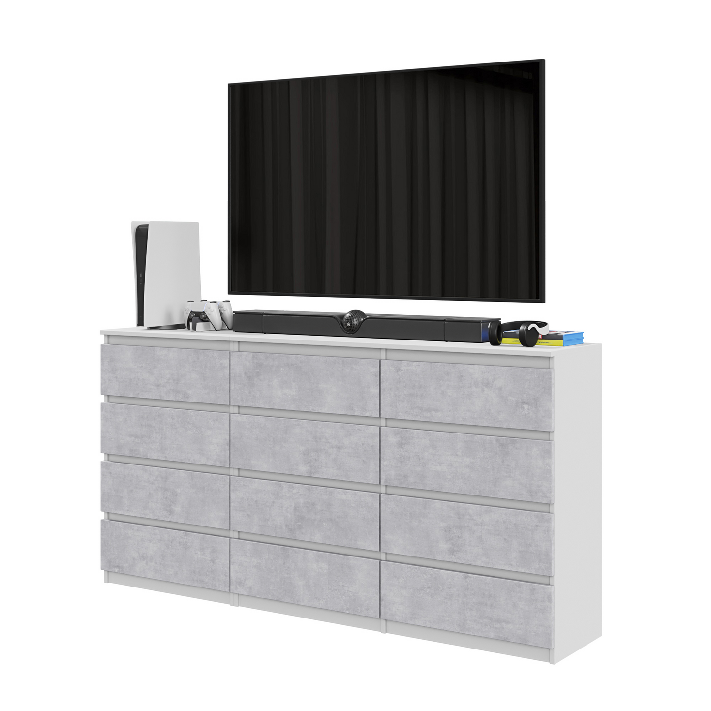 GABRIEL - Kommode / Sideboard mit 12 Schubladen (8+4) - Weiß Matt / Beton-Optik