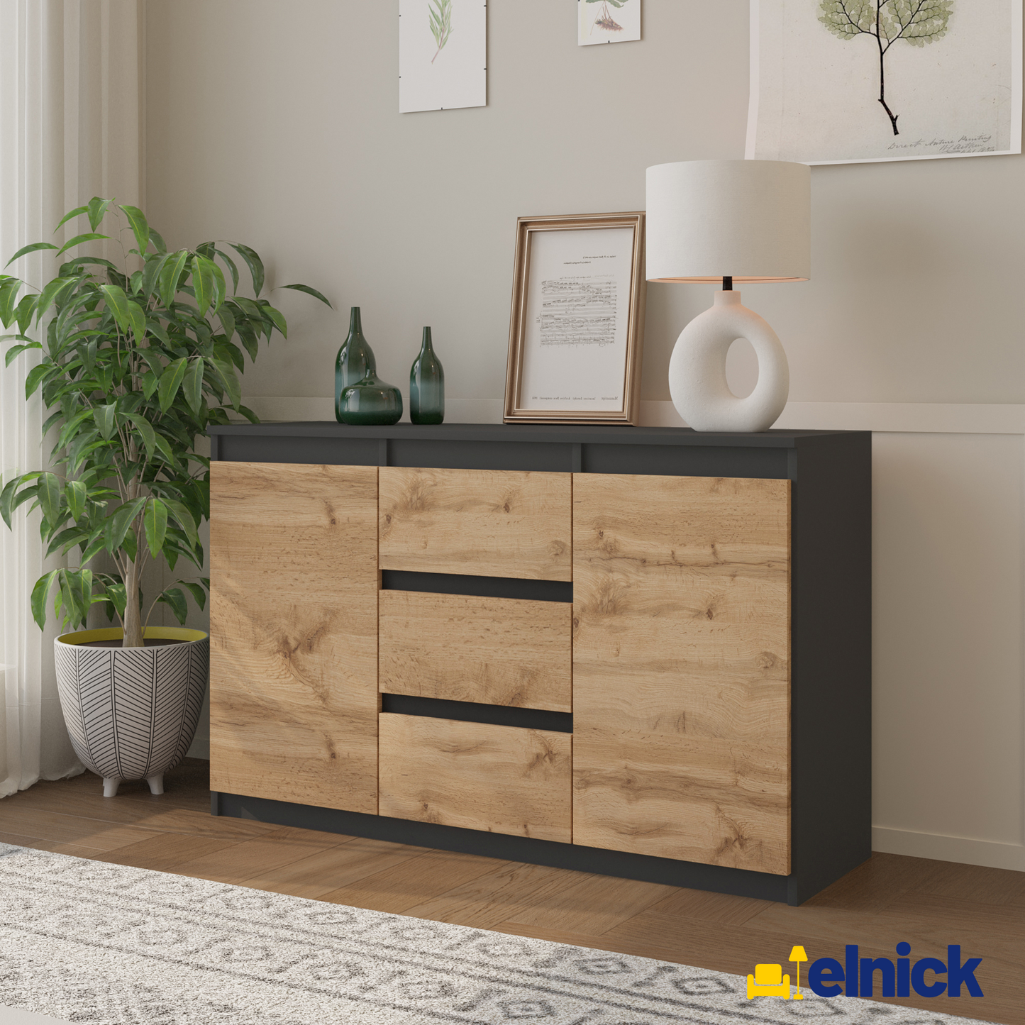 MIKEL - Kommode / Sideboard mit 3 Schubladen und 2 Türen - Anthrazit Grau / Wotan Eiche