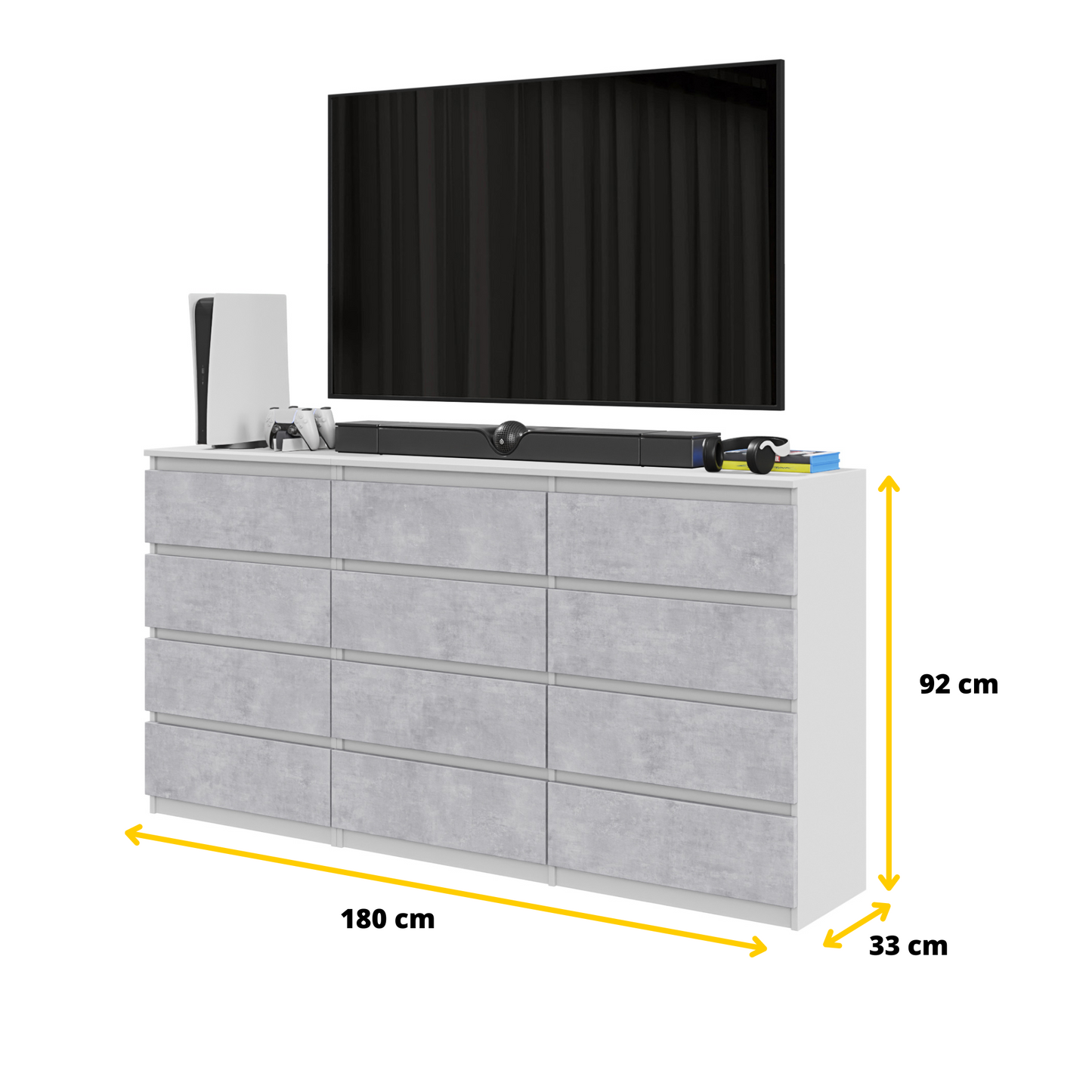 GABRIEL - Kommode / Sideboard mit 12 Schubladen (8+4) - Weiß Matt / Beton-Optik