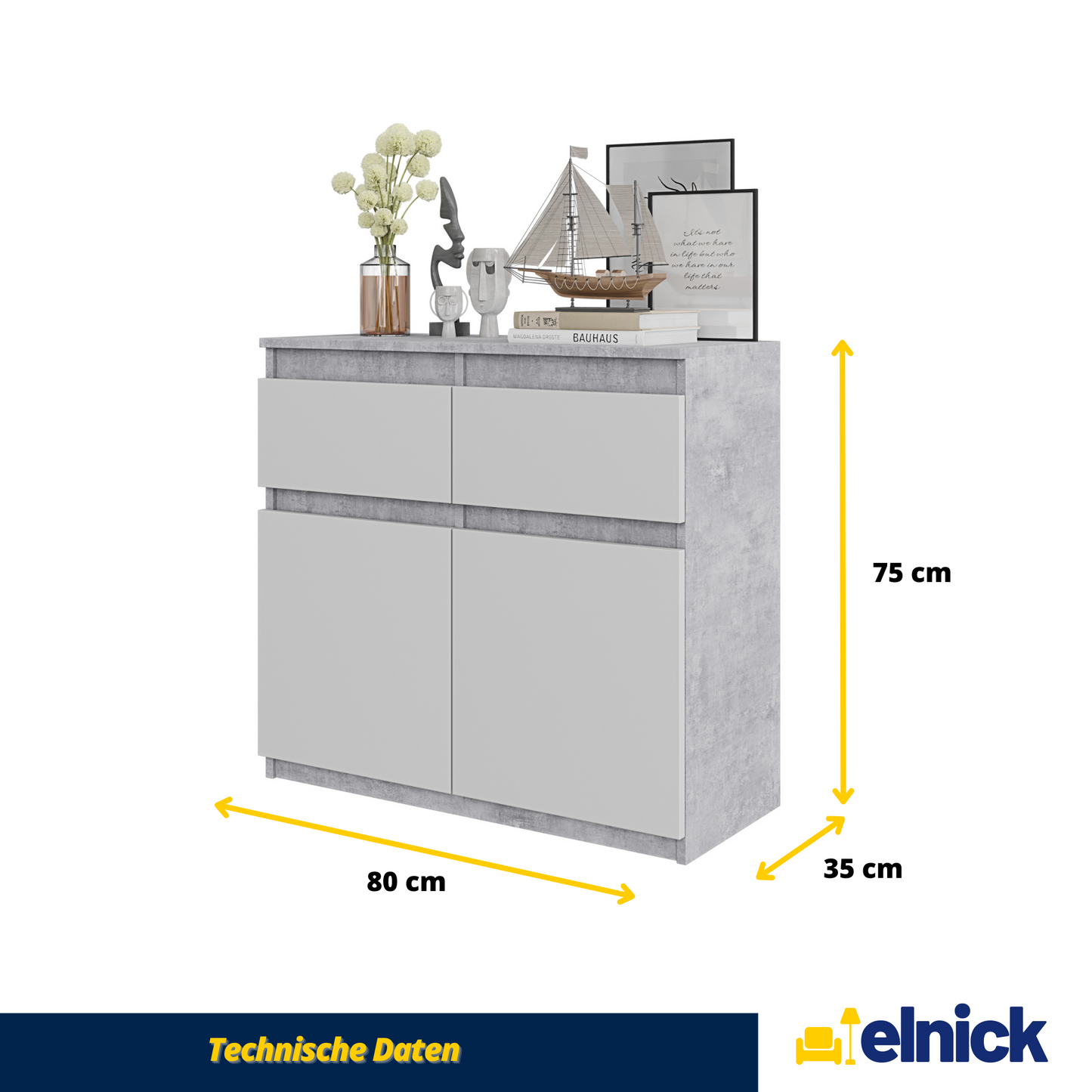 NOAH - Kommode / Sideboard mit 2 Schubladen und 2 Türen - Beton-Optik / Weiß Matt