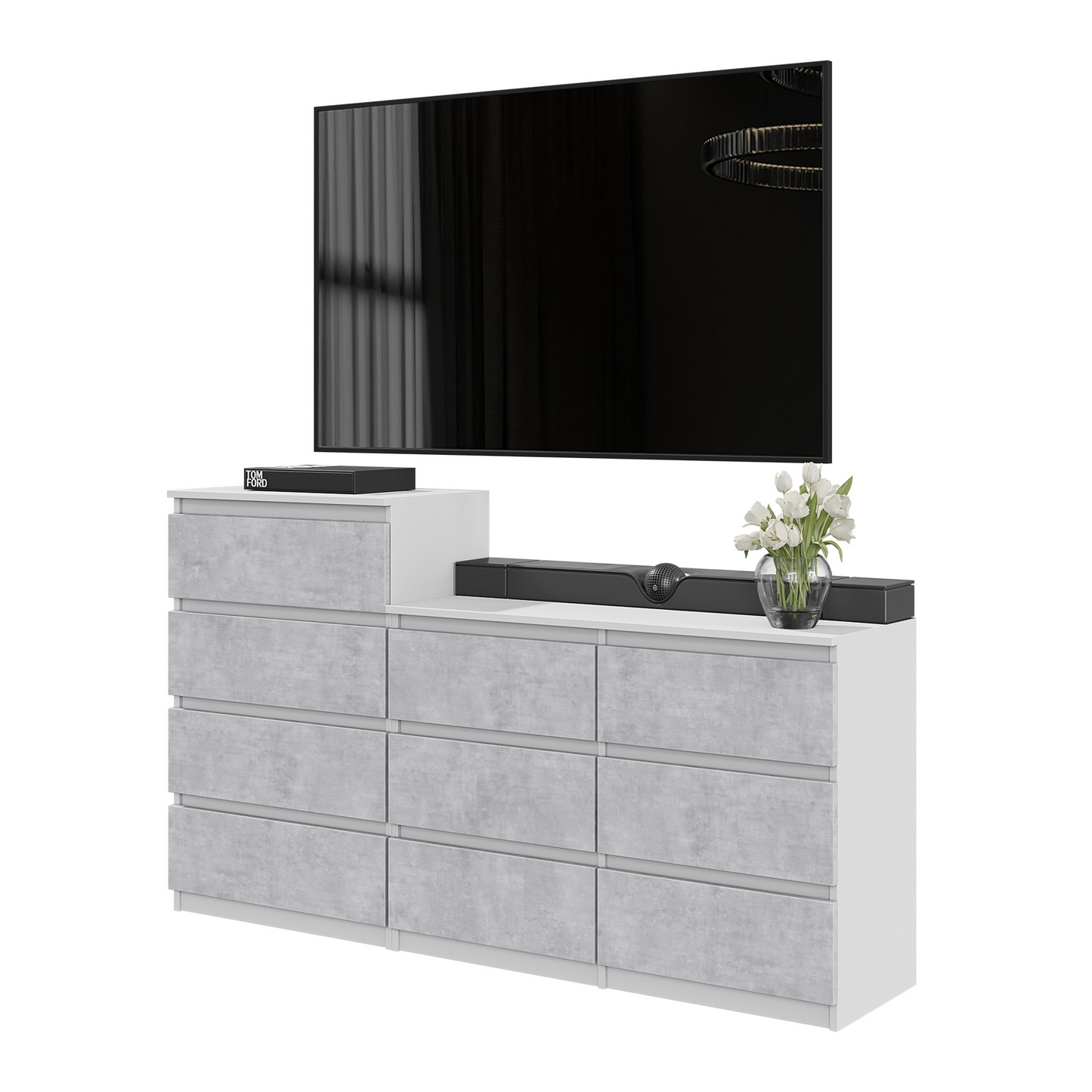 GABRIEL - Kommode / Sideboard mit 10 Schubladen (6+4) - Weiß Matt / Beton-Optik