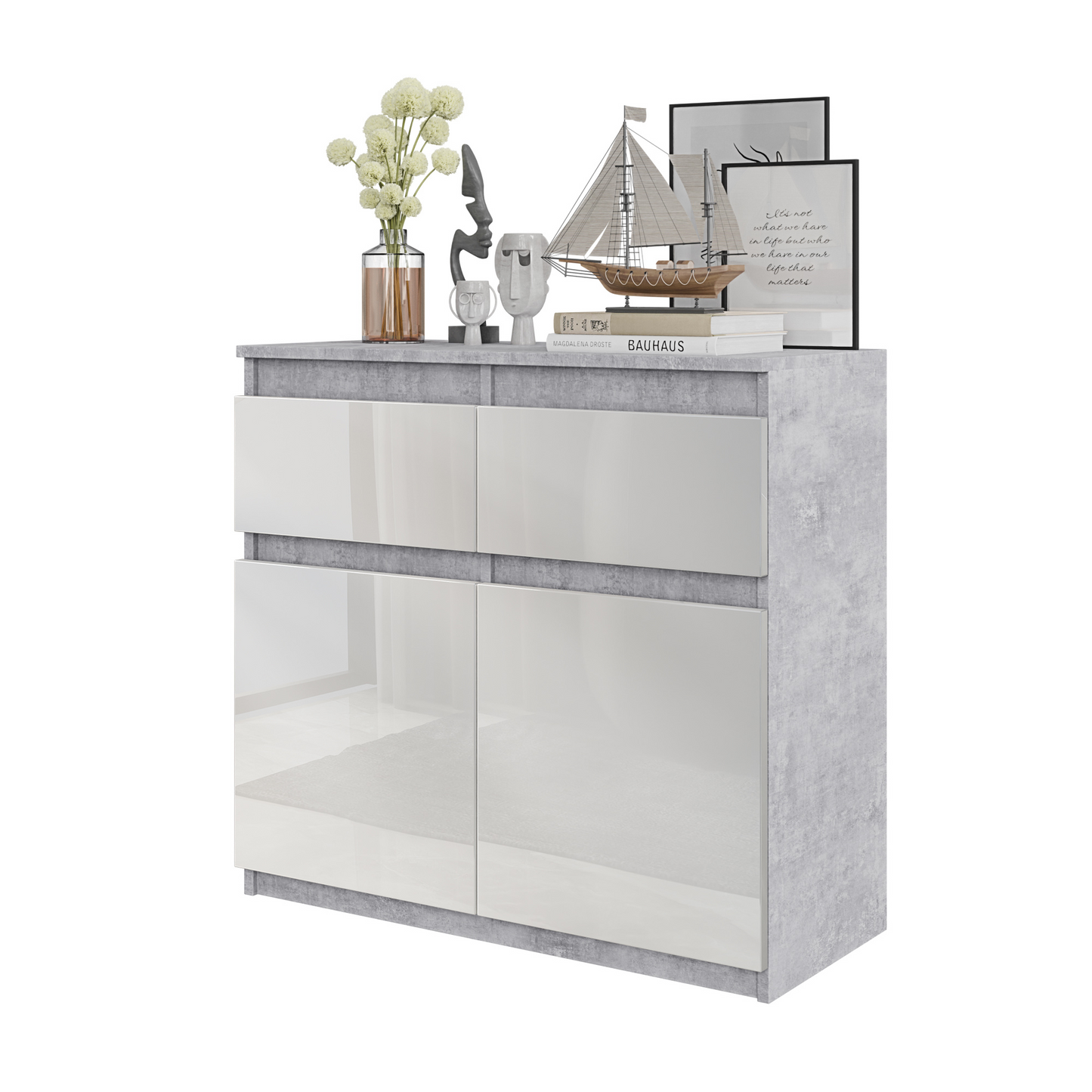 NOAH - Kommode / Sideboard mit 2 Schubladen und 2 Türen - Beton-Optik / Weiß Gloss