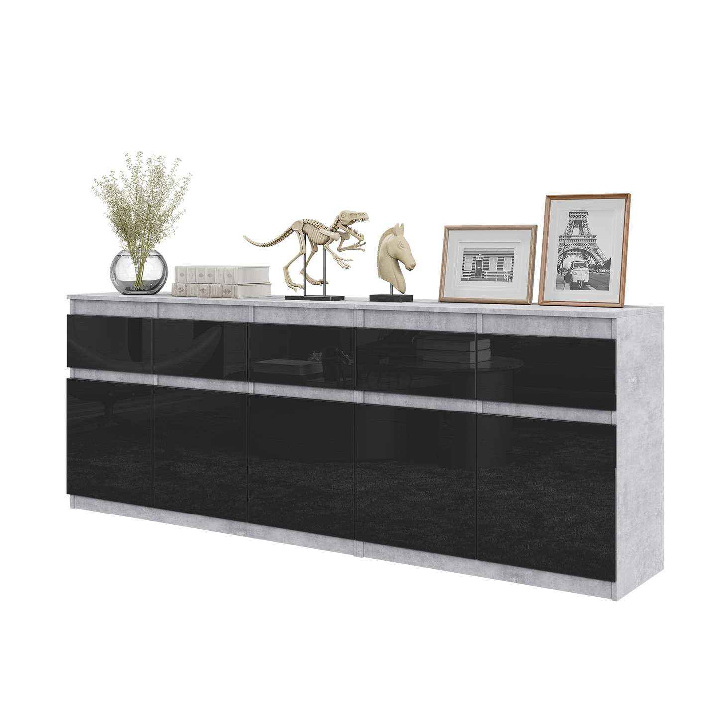 NOAH - Kommode / Sideboard mit 5 Schubladen und 5 Türen - Beton-Optik / Schwarz Gloss