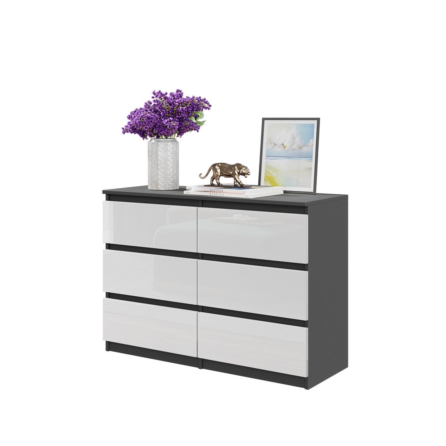 GABRIEL - Kommode / Sideboard mit 6 Schubladen - Anthrazit / Weiß Glanz H71cm B100cm T33cm