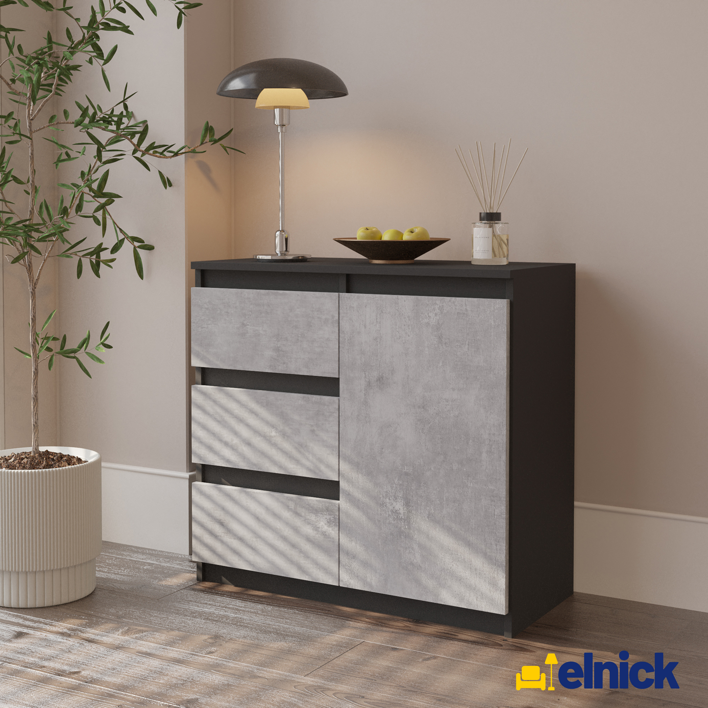 MIKEL - Kommode / Sideboard mit 3 Schubladen und 1 Tür - Anthrazit Grau / Beton-Optik