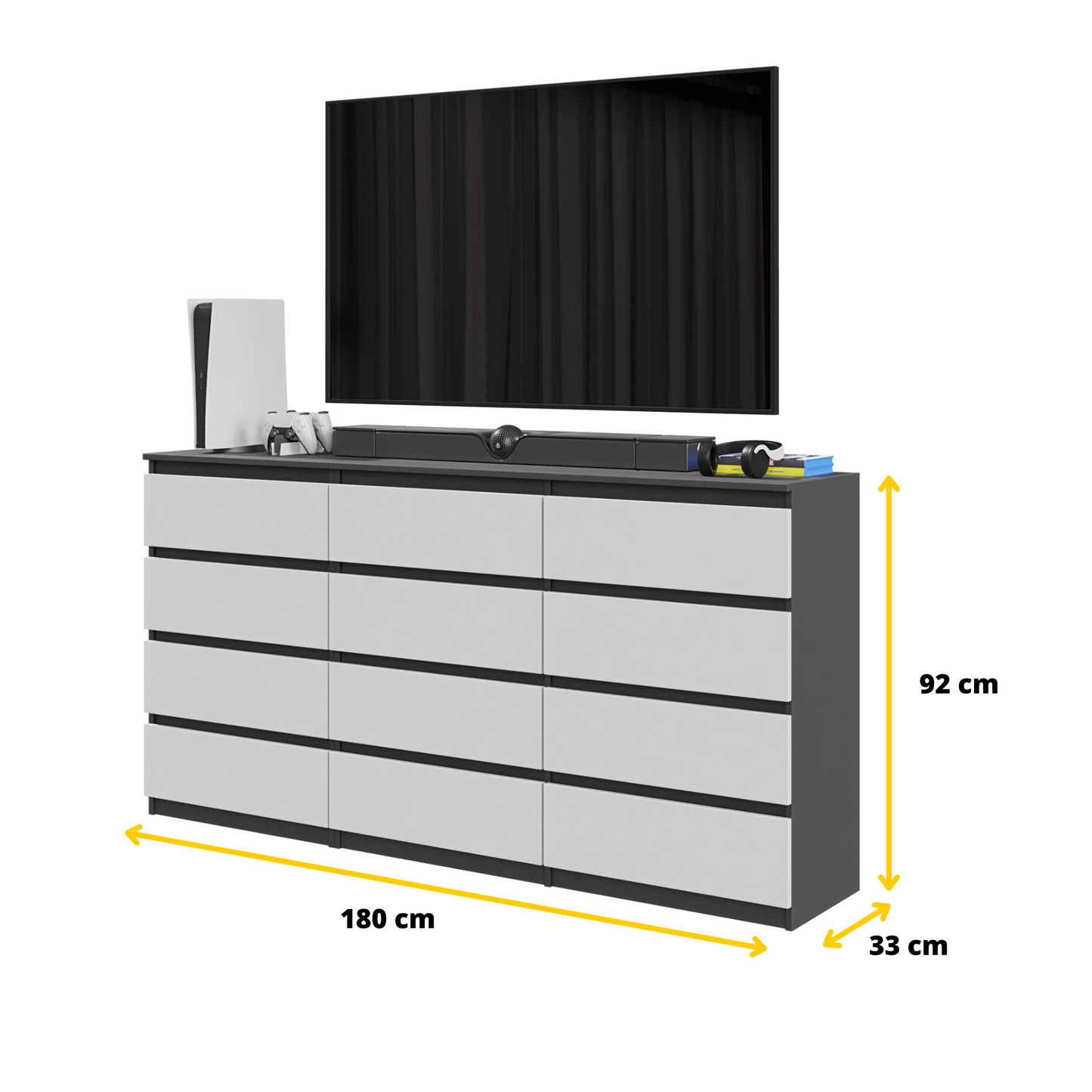 GABRIEL - Kommode / Sideboard mit 12 Schubladen (8+4) - Anthrazit / Weiß Matt