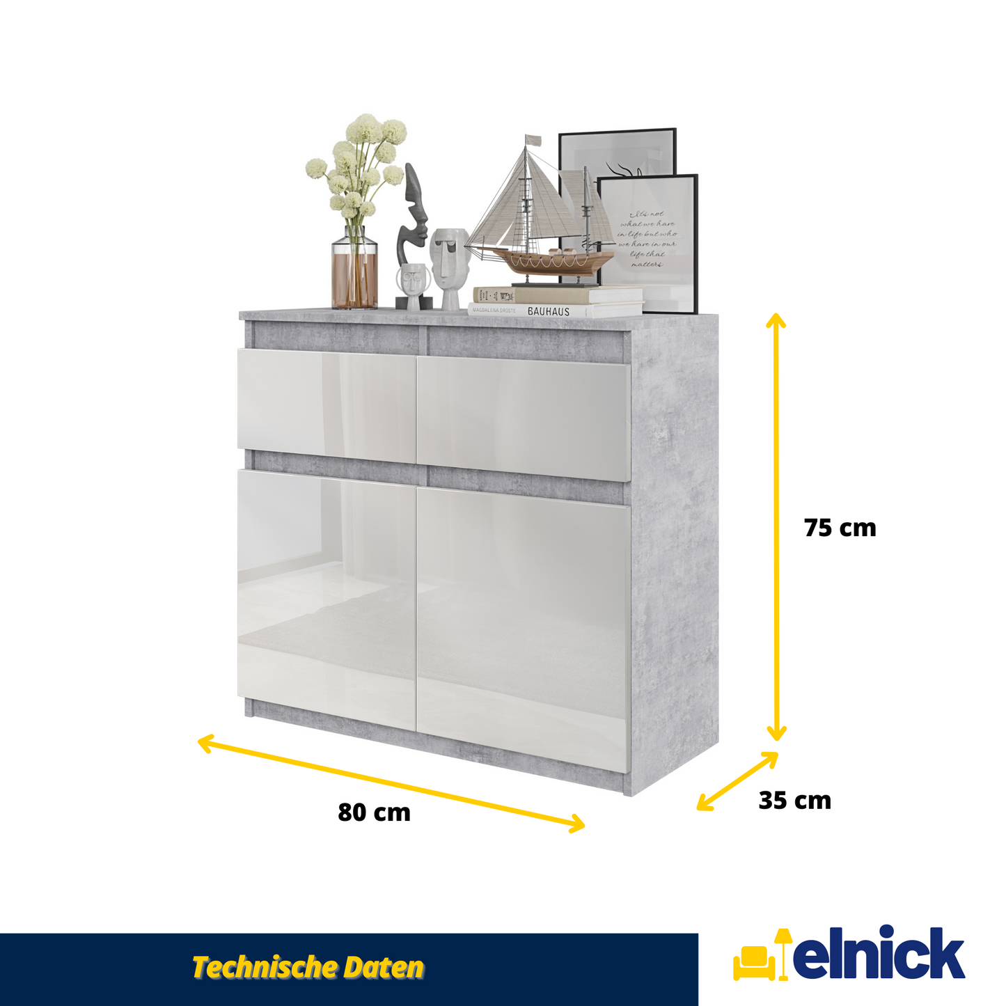 NOAH - Kommode / Sideboard mit 2 Schubladen und 2 Türen - Beton-Optik / Weiß Gloss