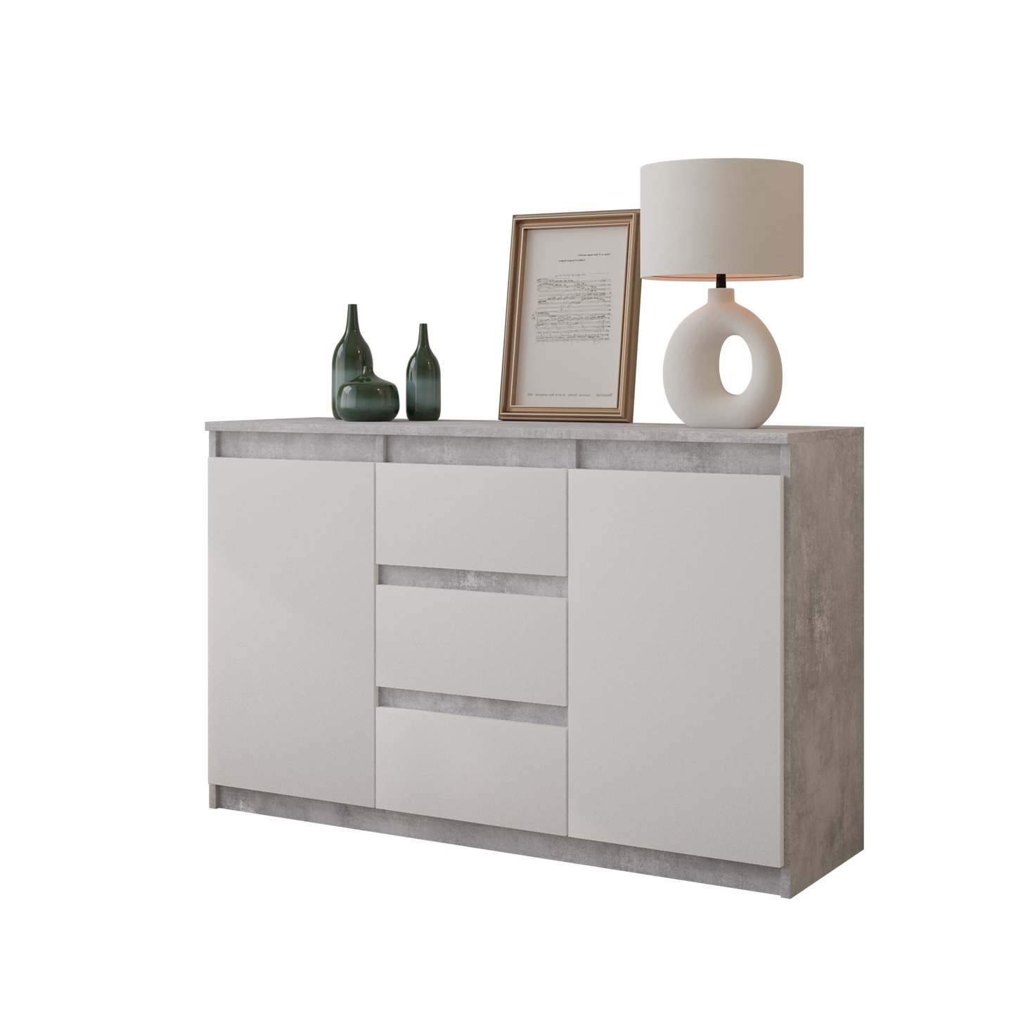 MIKEL - Kommode / Sideboard mit 3 Schubladen und 2 Türen - Beton-Optik / Weiß Matt