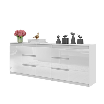 MIKEL - Kommode / Sideboard mit 6 Schubladen und 3 Türen - Weiß Matt / Weiß Gloss