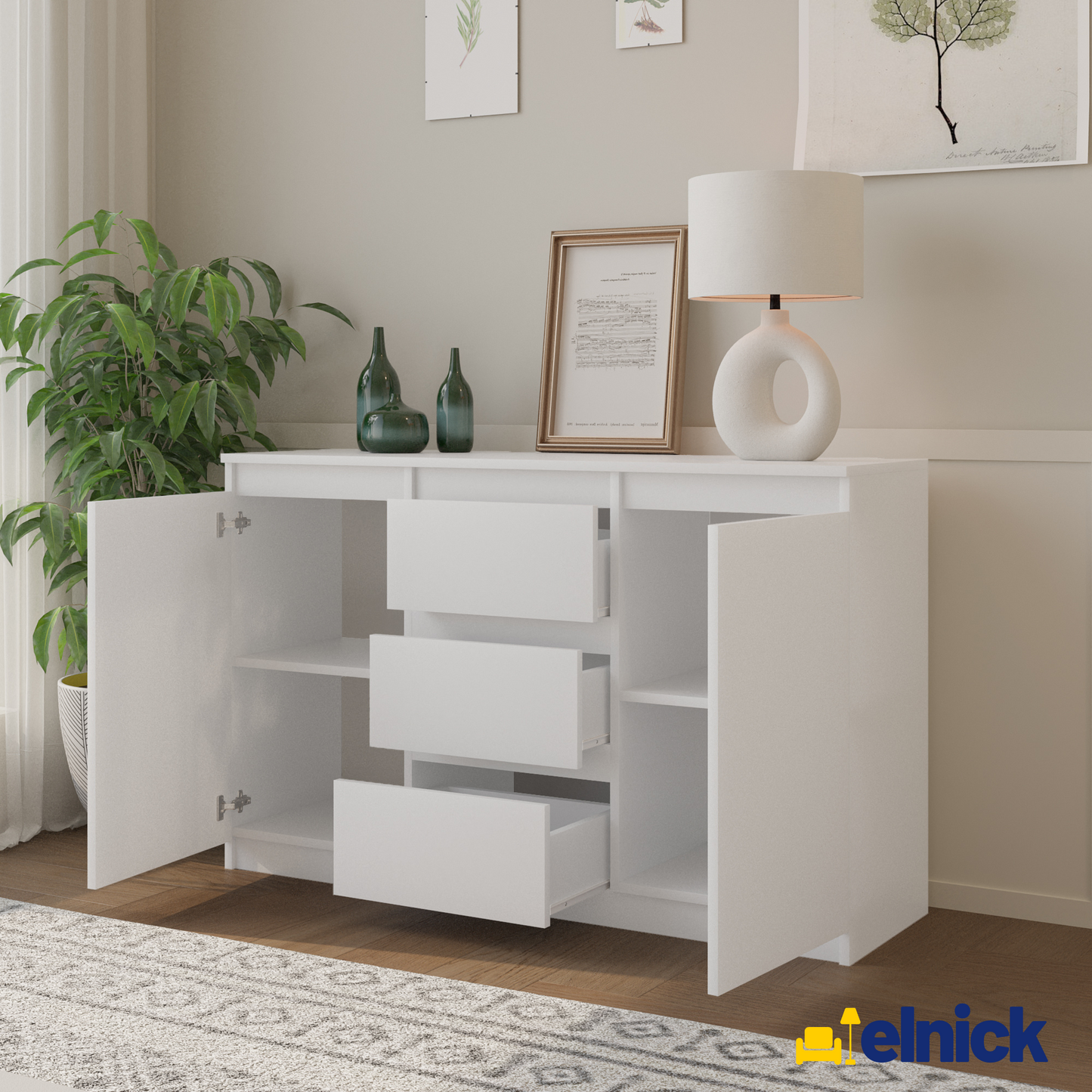 MIKEL - Kommode / Sideboard mit 3 Schubladen und 2 Türen - Weiß Matt