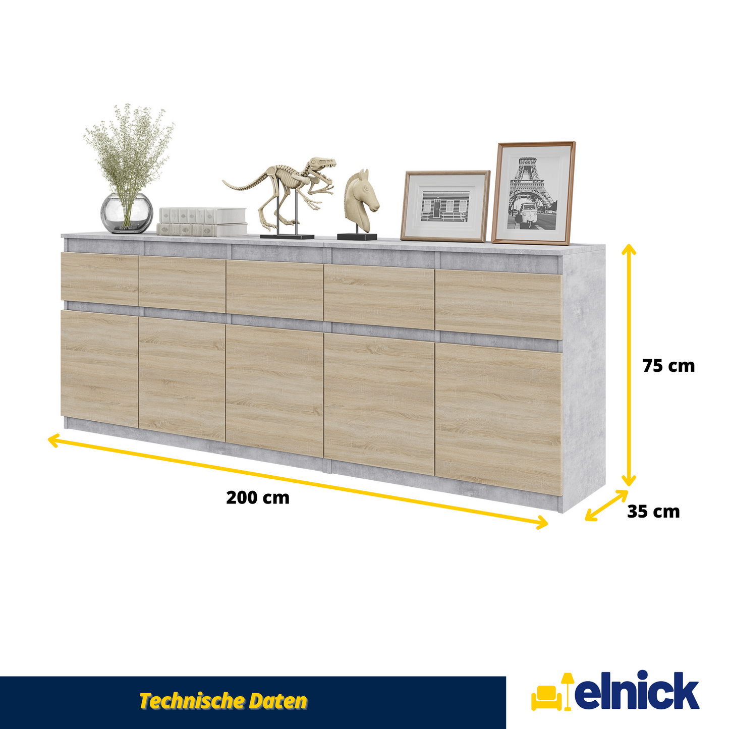 NOAH - Kommode / Sideboard mit 5 Schubladen und 5 Türen - Beton-Optik / Sonoma Eiche