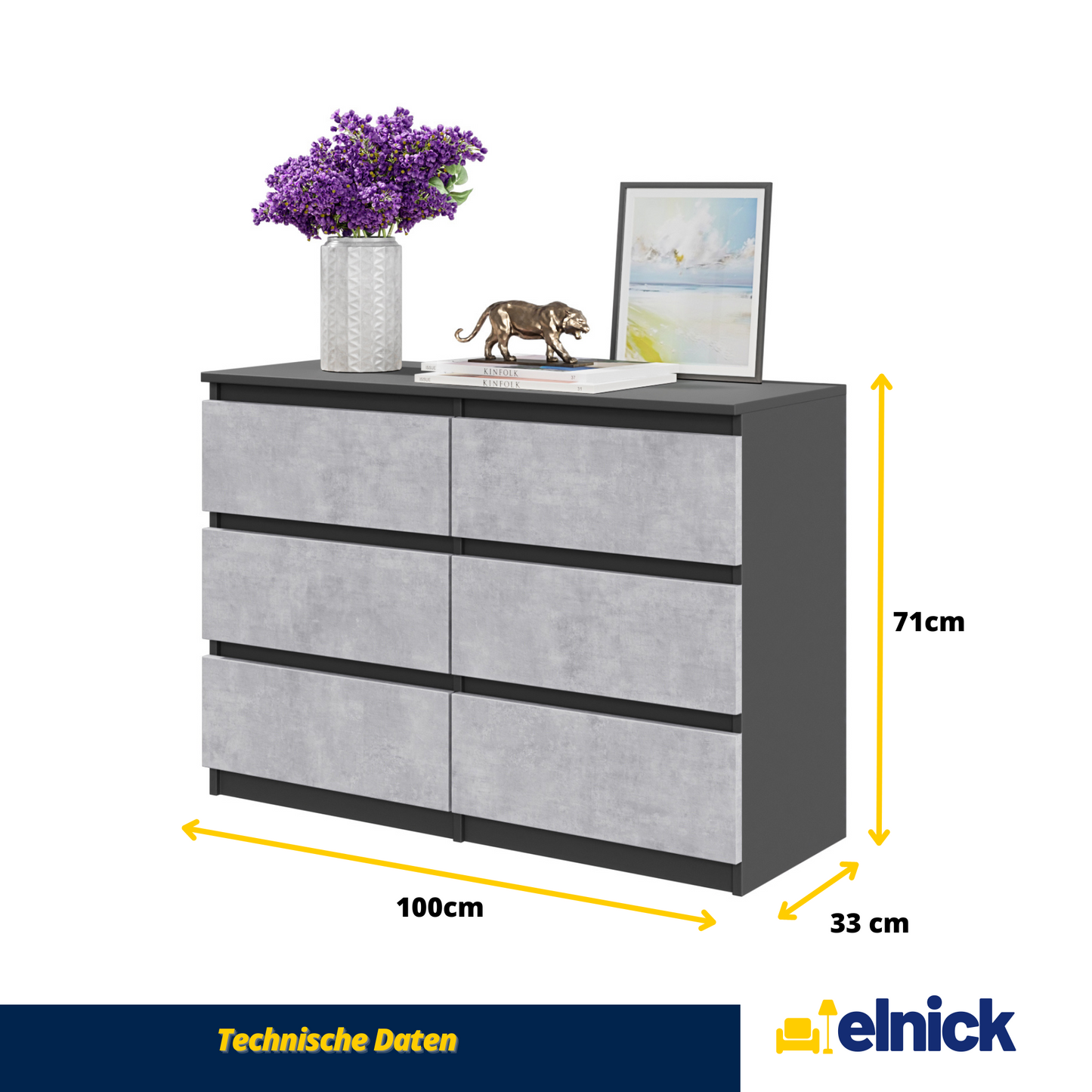 GABRIEL - Kommode / Sideboard mit 6 Schubladen - Anthrazit / Concrete H71cm B100cm T33cm