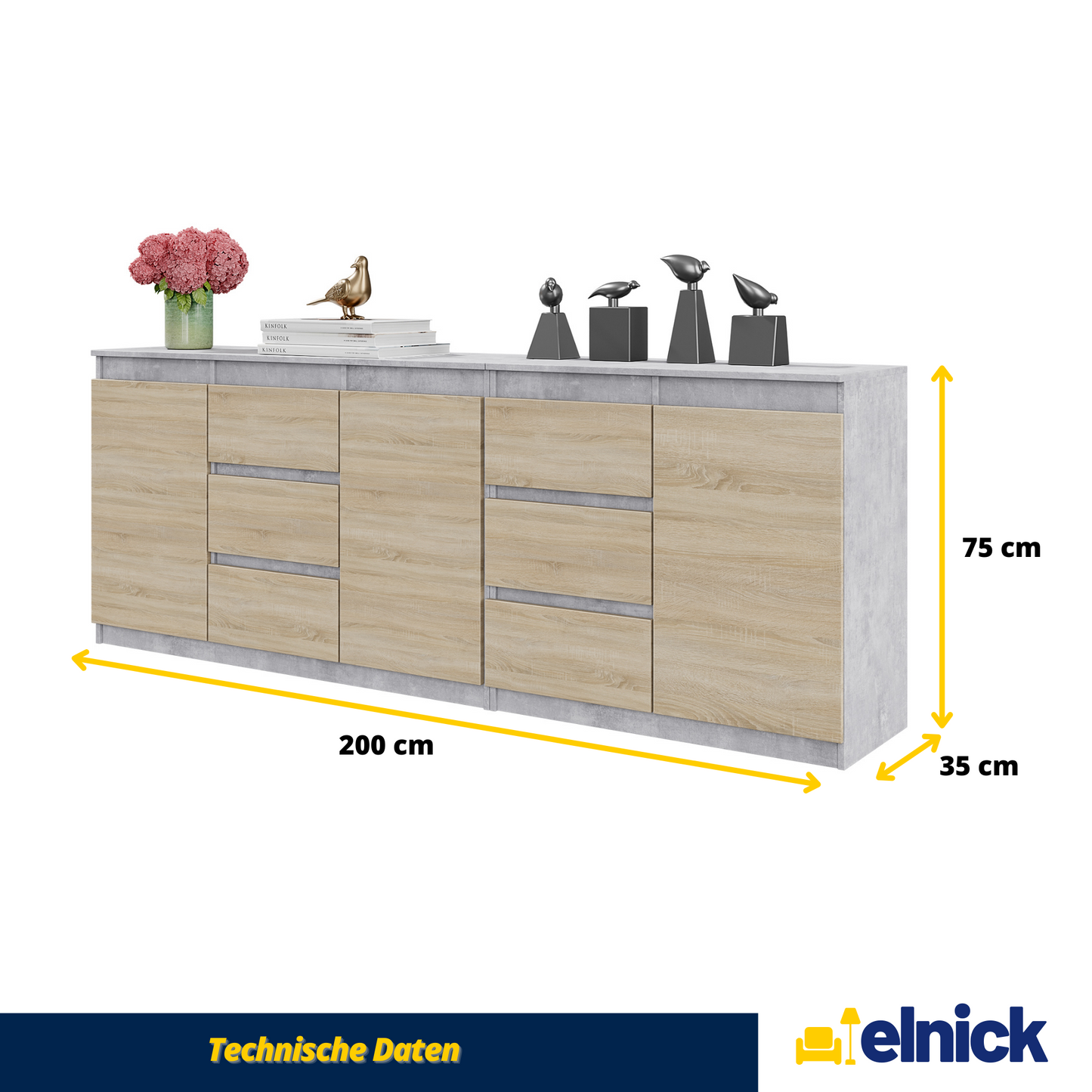 MIKEL - Kommode / Sideboard mit 6 Schubladen und 3 Türen - Beton-Optik / Sonoma Eiche
