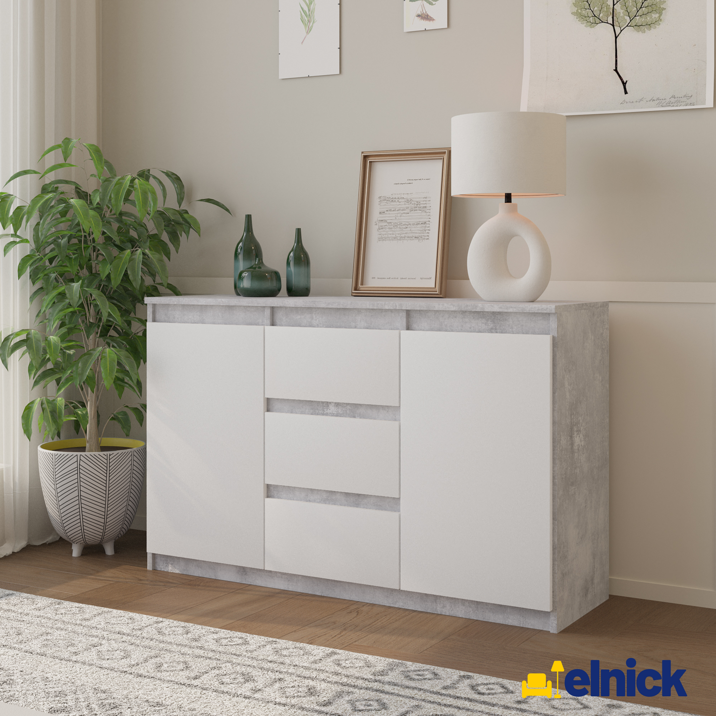 MIKEL - Kommode / Sideboard mit 3 Schubladen und 2 Türen - Beton-Optik / Weiß Matt