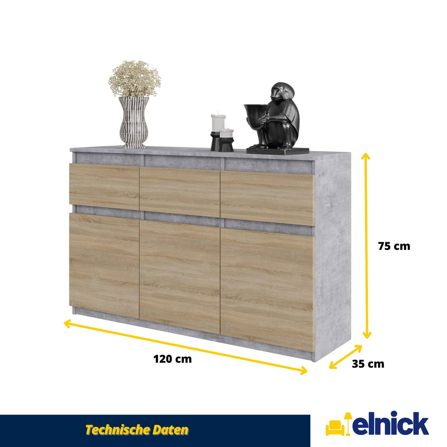 NOAH - Kommode / Sideboard mit 3 Schubladen und 3 Türen - Beton-Optik / Sonoma Eiche