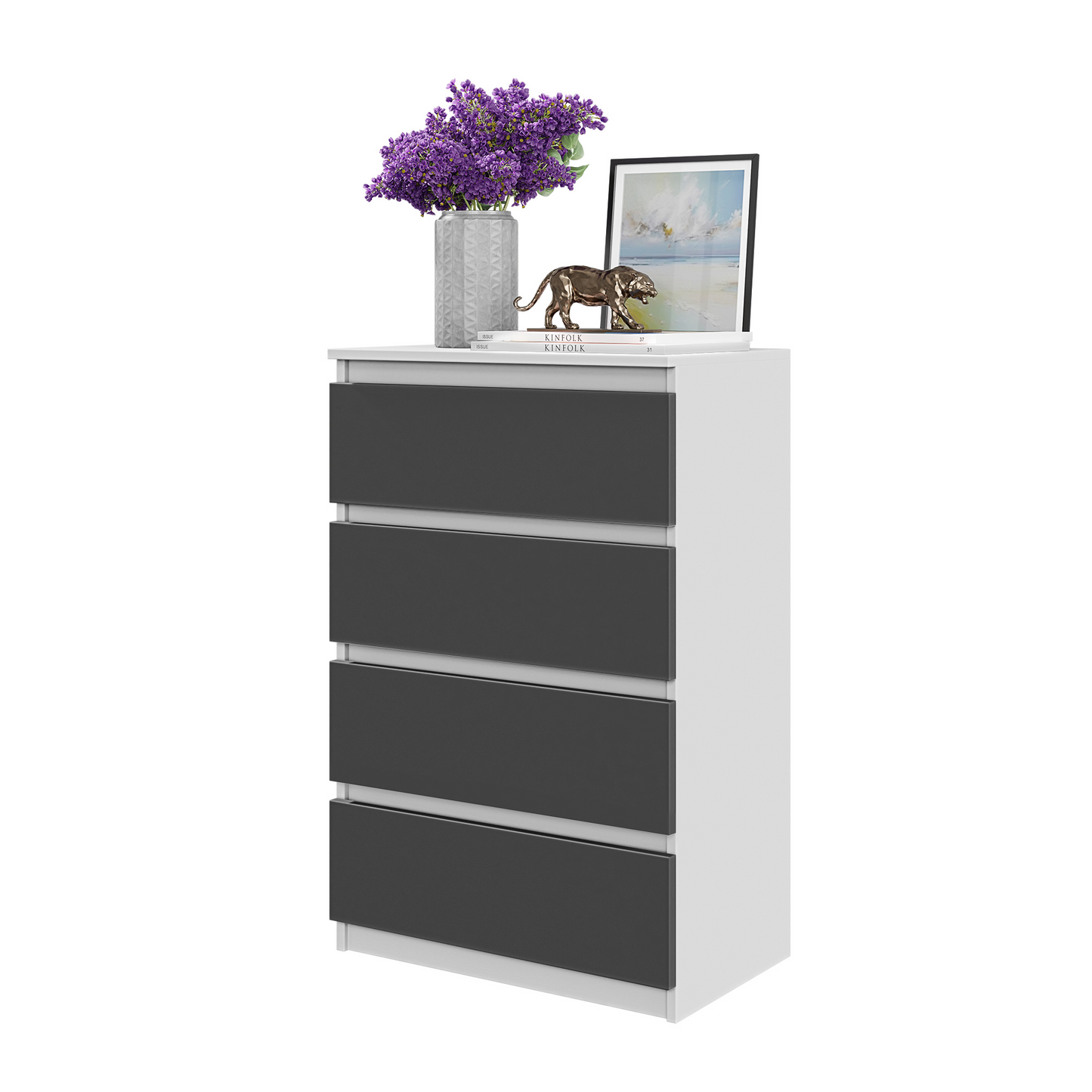 GABRIEL - Kommode / Sideboard mit 4 Schubladen - Weiß Matt / Anthrazit H92cm B60cm T33cm