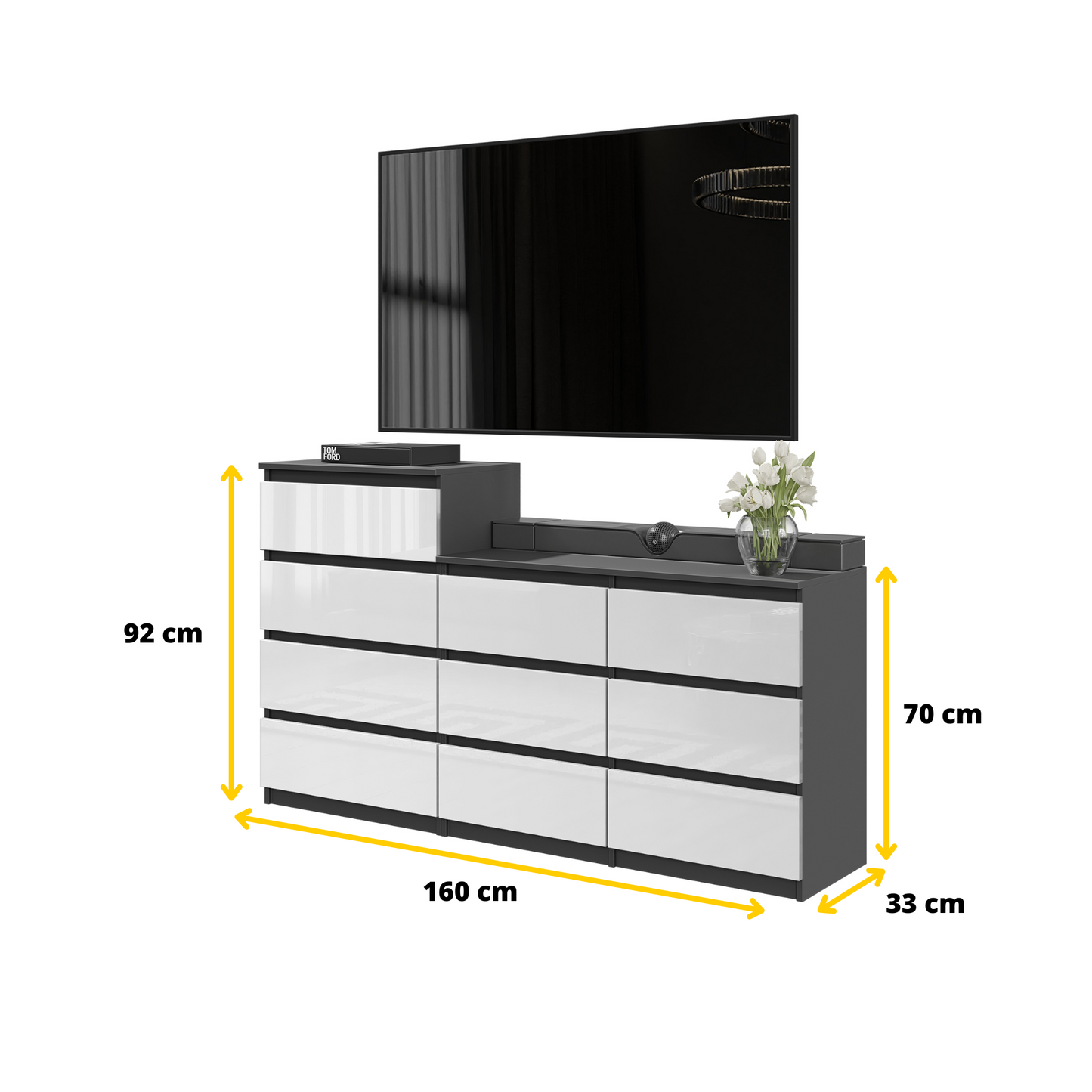 GABRIEL - Kommode / Sideboard mit 10 Schubladen (6+4) - Anthrazit / Weiß Gloss