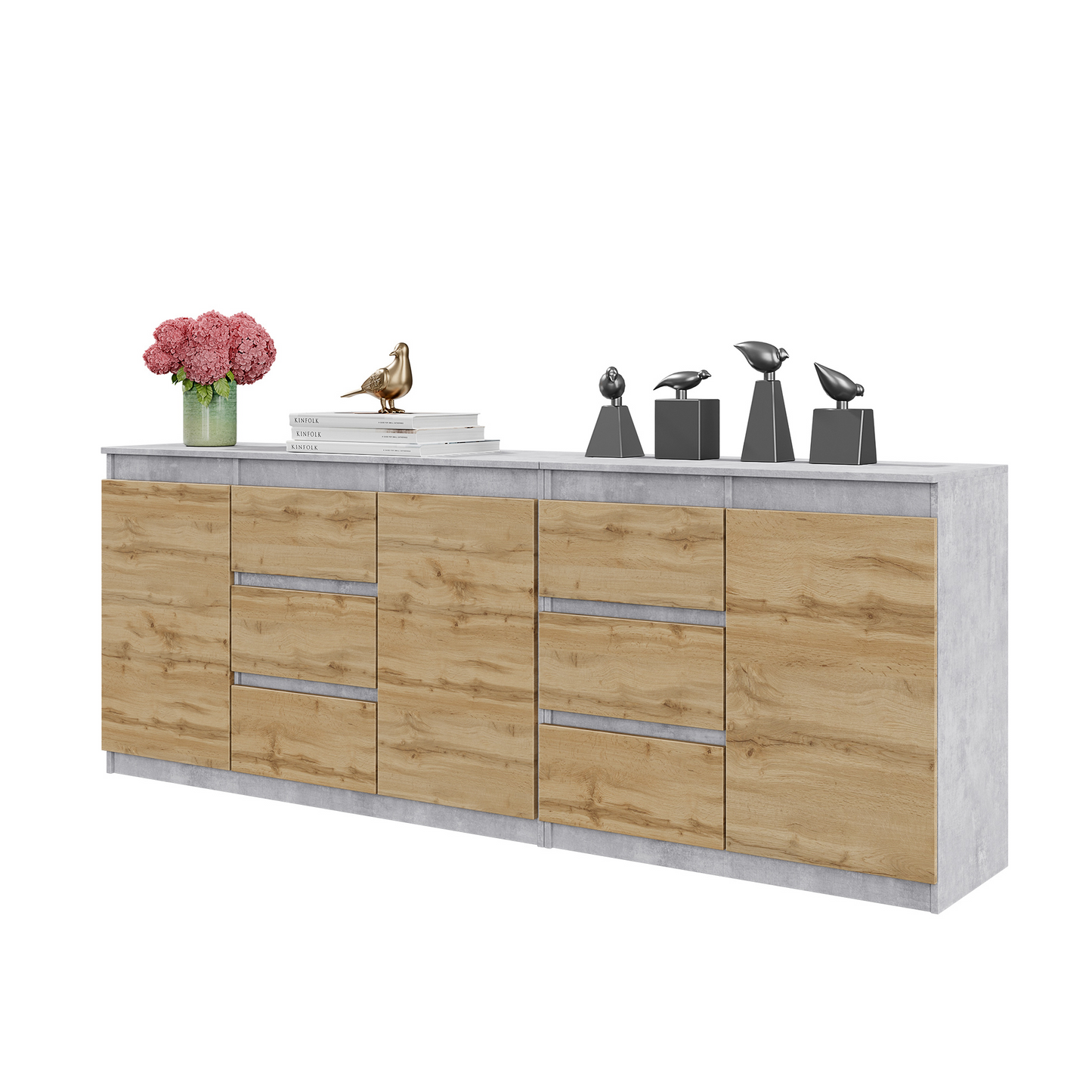 MIKEL - Kommode / Sideboard mit 6 Schubladen und 3 Türen - Beton-Optik / Wotan Eiche