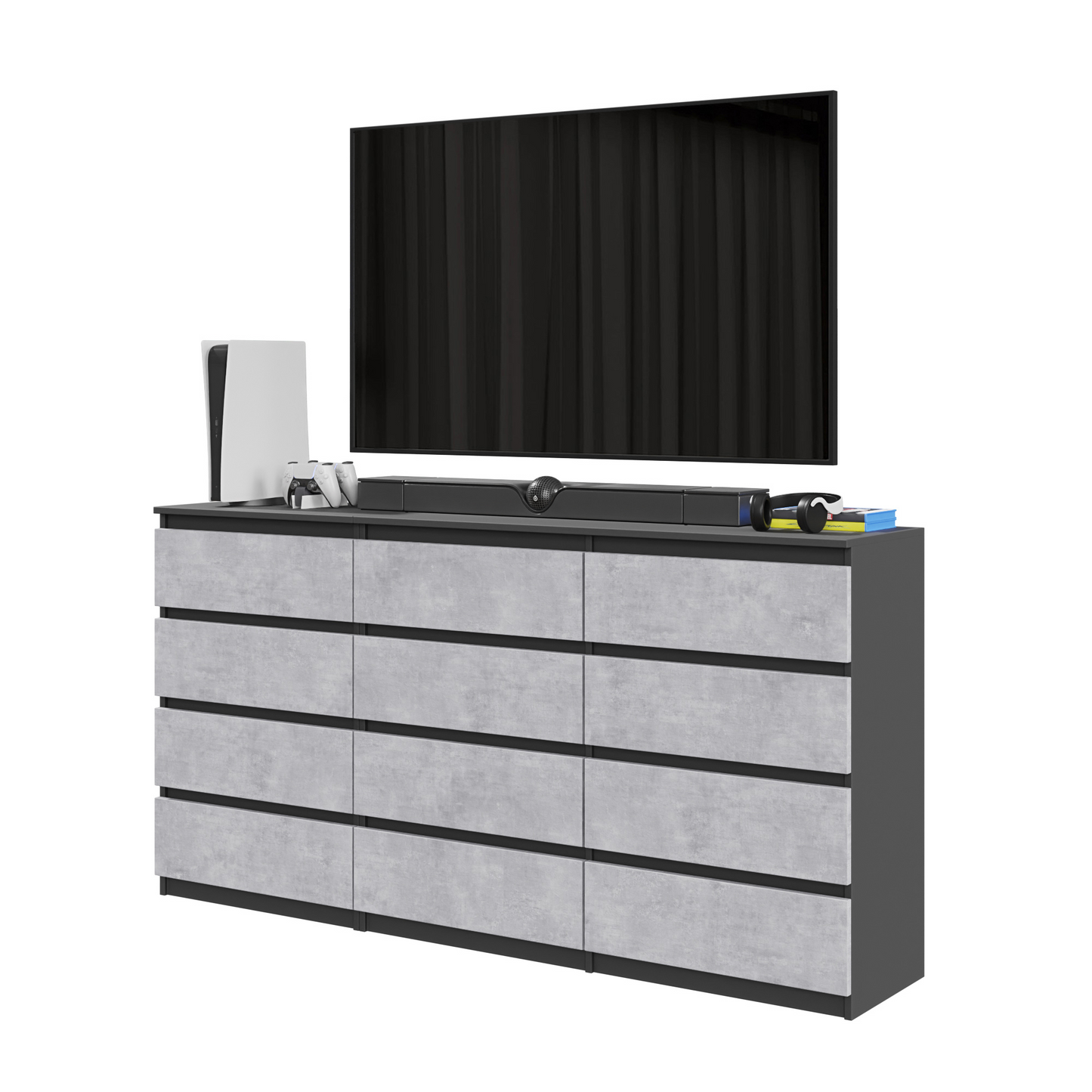 GABRIEL - Kommode / Sideboard mit 12 Schubladen (8+4) - Anthrazit / Beton-Optik