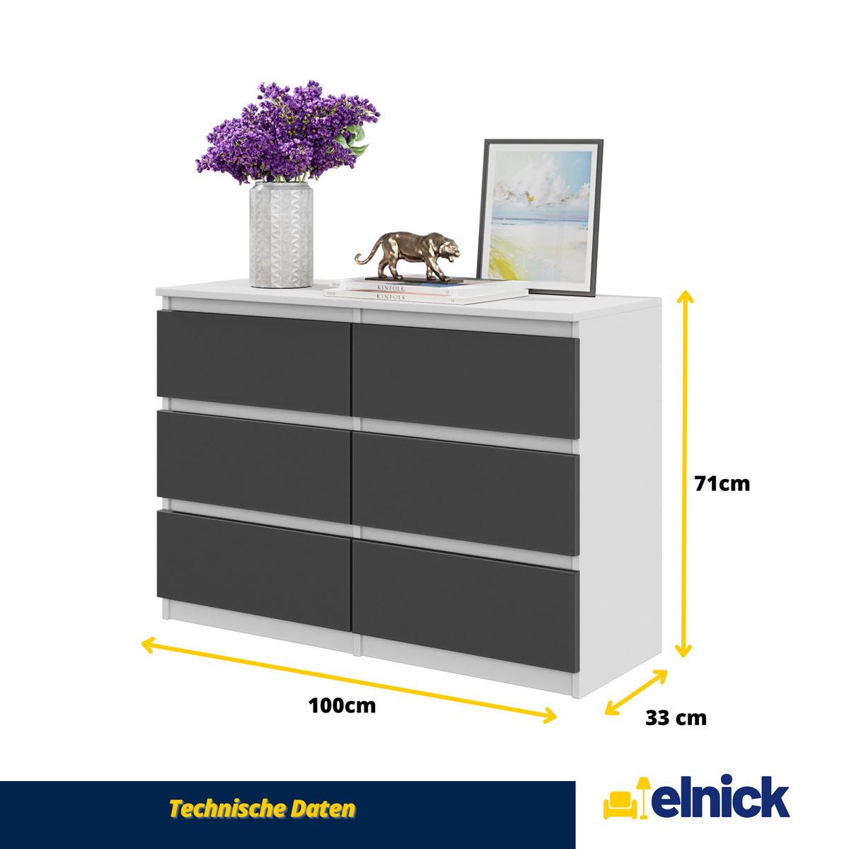 Kommode / Sideboard Weiß Matt / Anthrazit 100cm – Gabriel