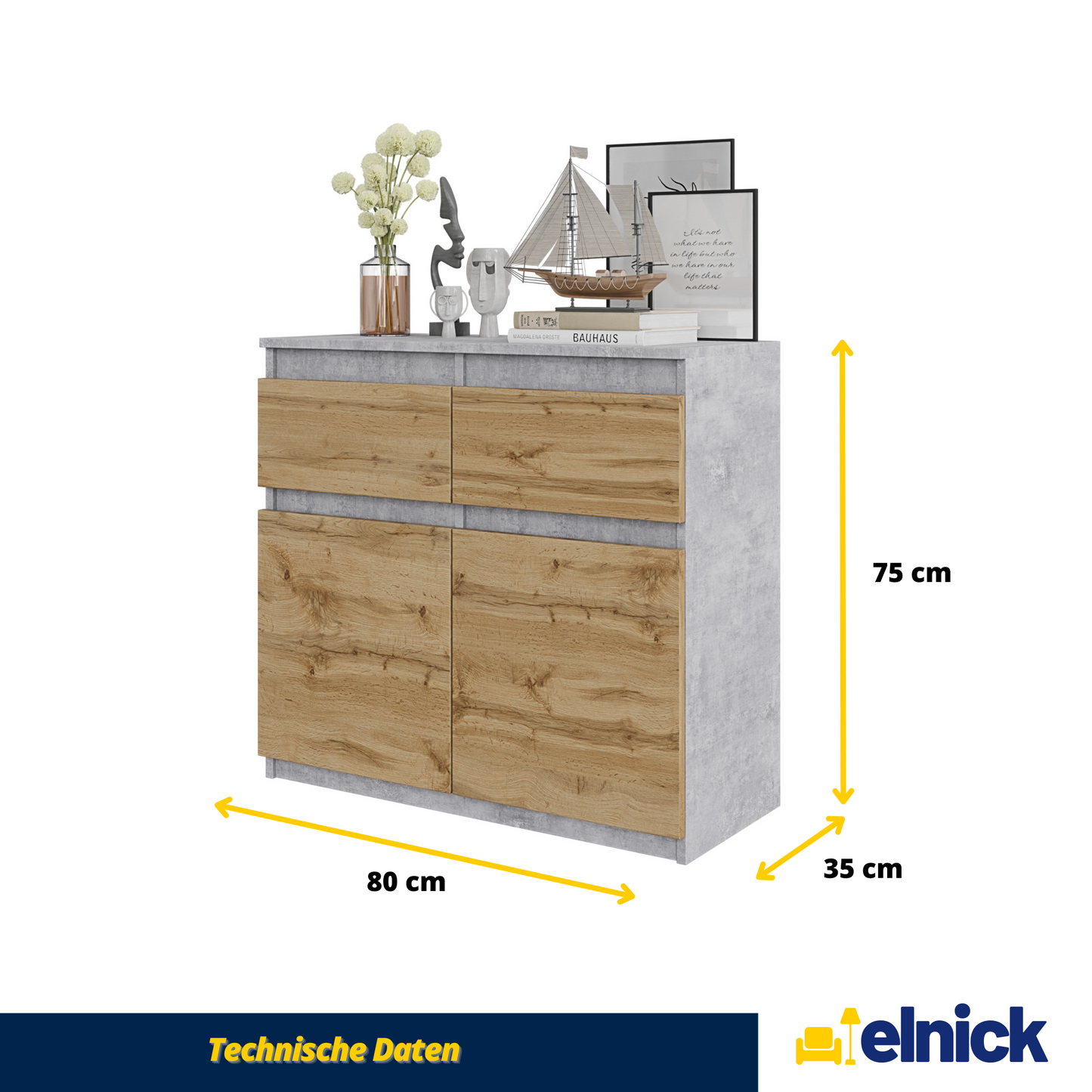 NOAH - Kommode / Sideboard mit 2 Schubladen und 2 Türen - Beton-Optik / Wotan Eiche