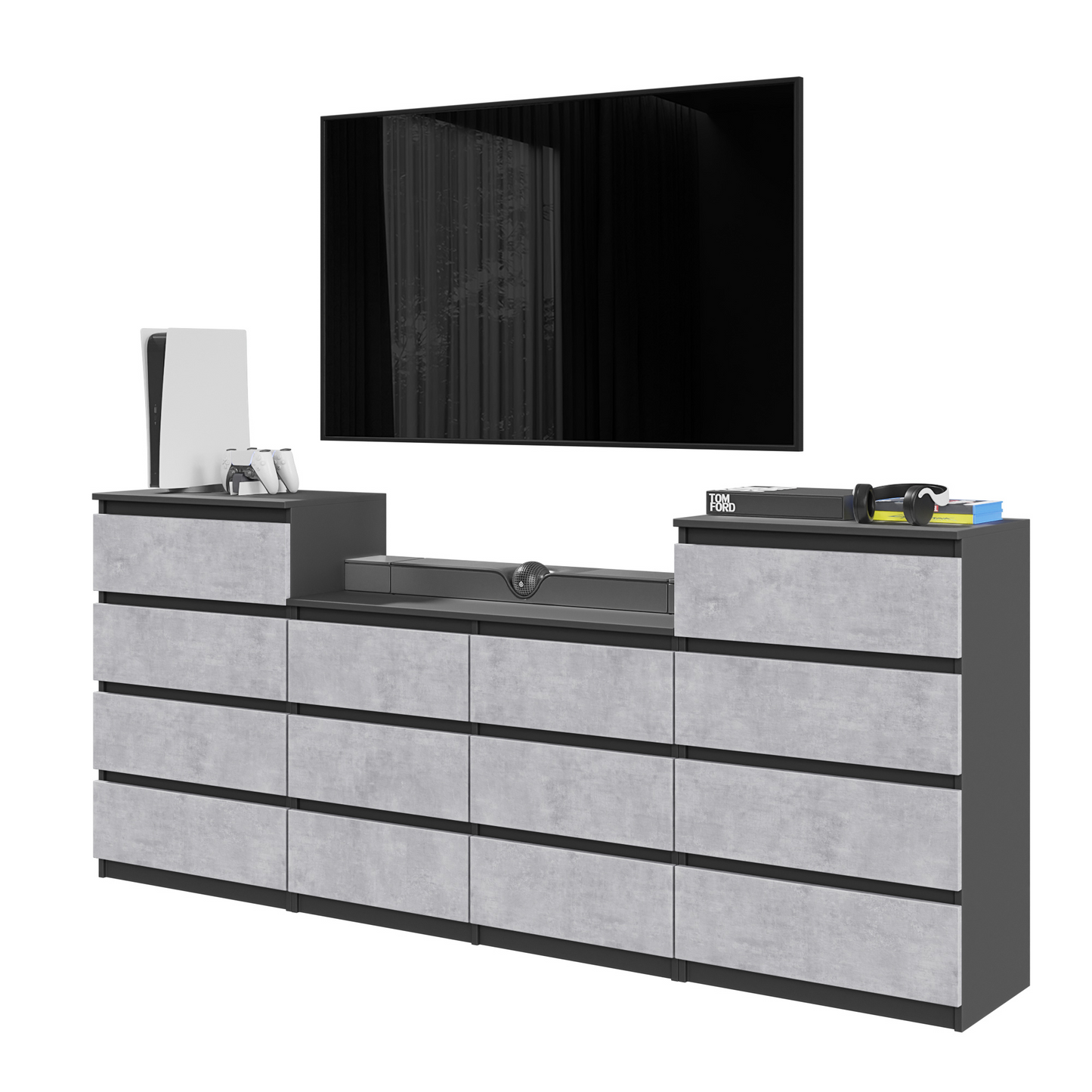 GABRIEL - Kommode / Sideboard mit 14 Schubladen (4+6+4) - Anthrazit / Beton-Optik