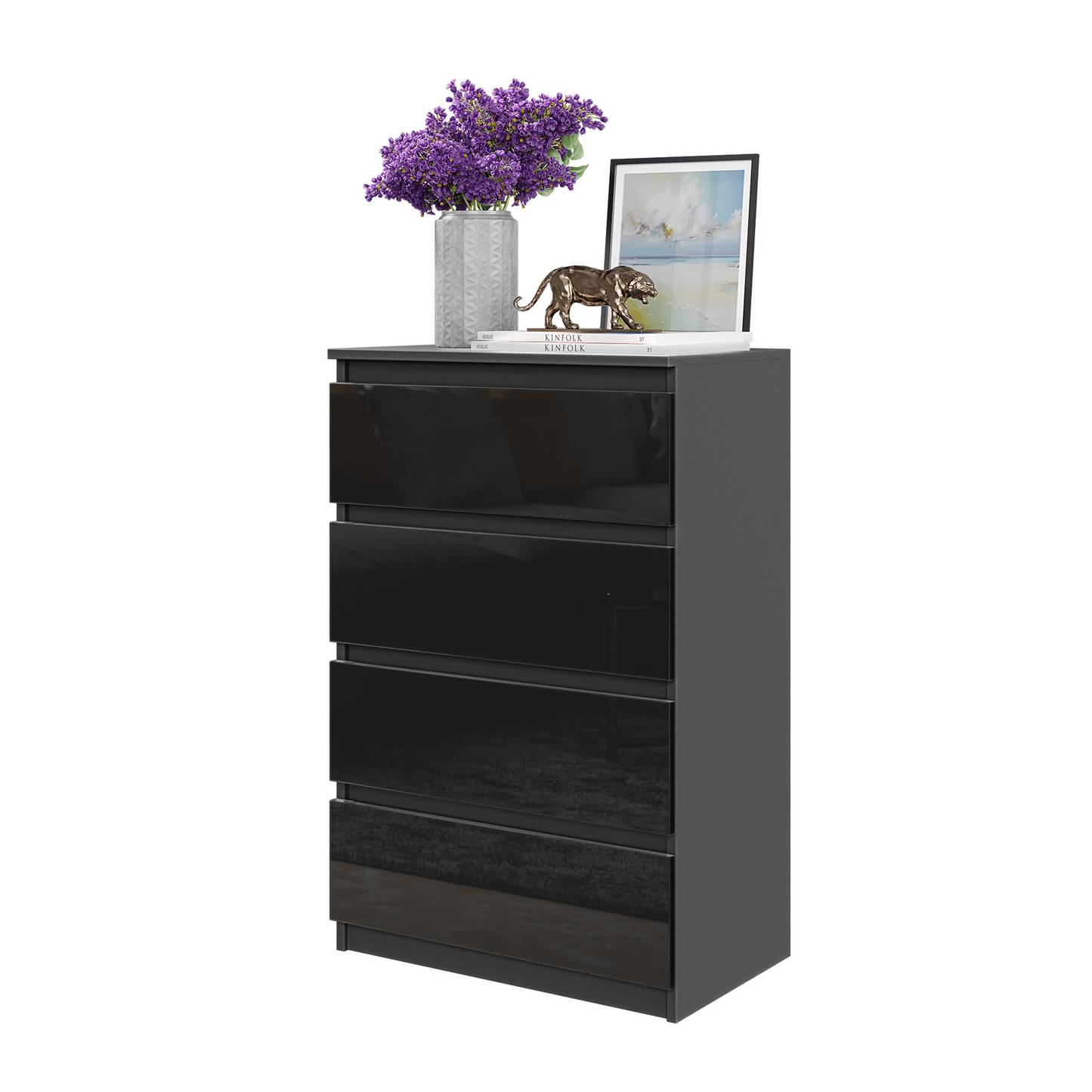 GABRIEL - Kommode / Sideboard mit 4 Schubladen - Anthrazit / Schwarz Glanz H92cm B60cm T33cm