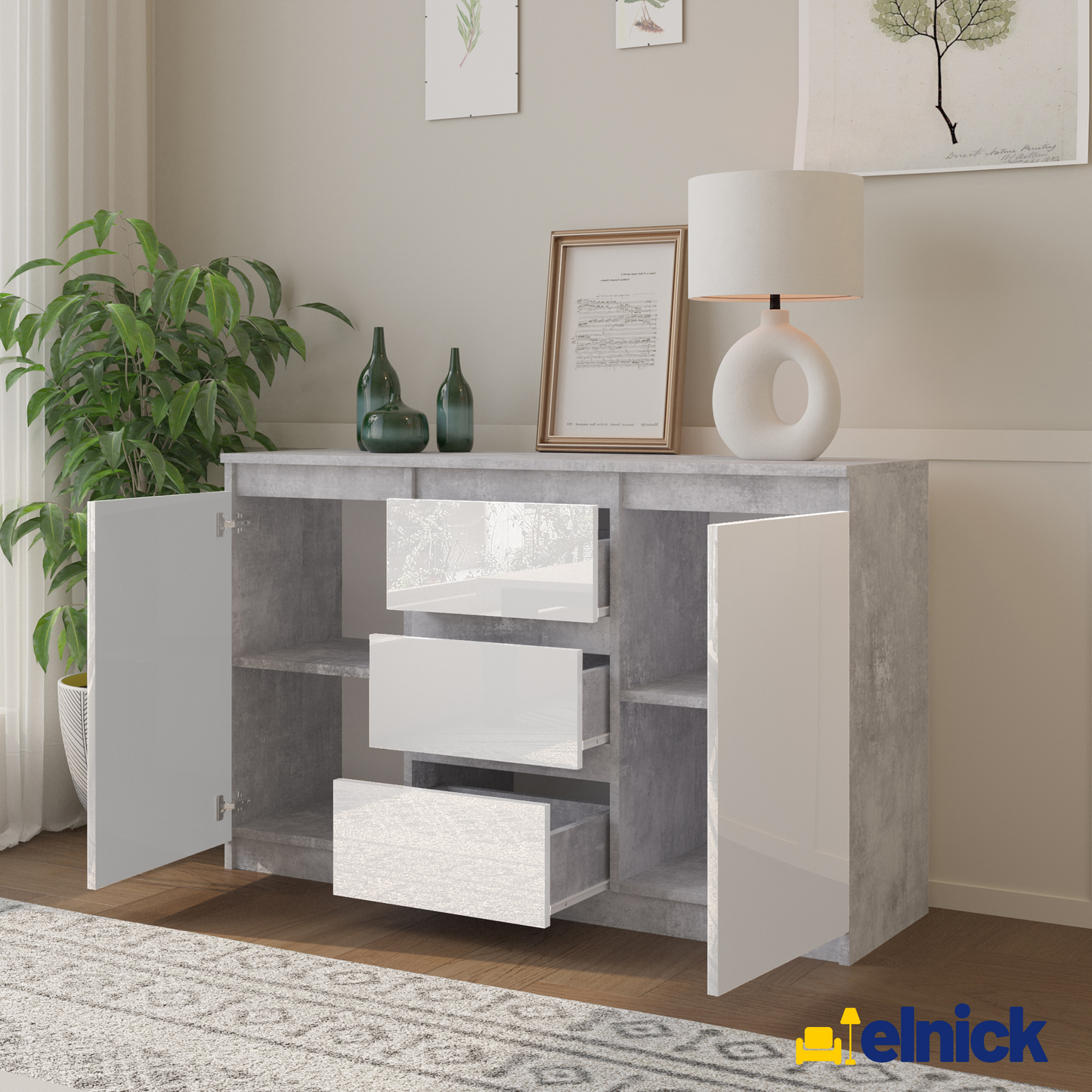 MIKEL - Kommode / Sideboard mit 3 Schubladen und 2 Türen - Beton-Optik / Weiß Gloss