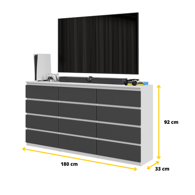 GABRIEL - Kommode / Sideboard mit 12 Schubladen (8+4) - Weiß Matt / Anthrazit