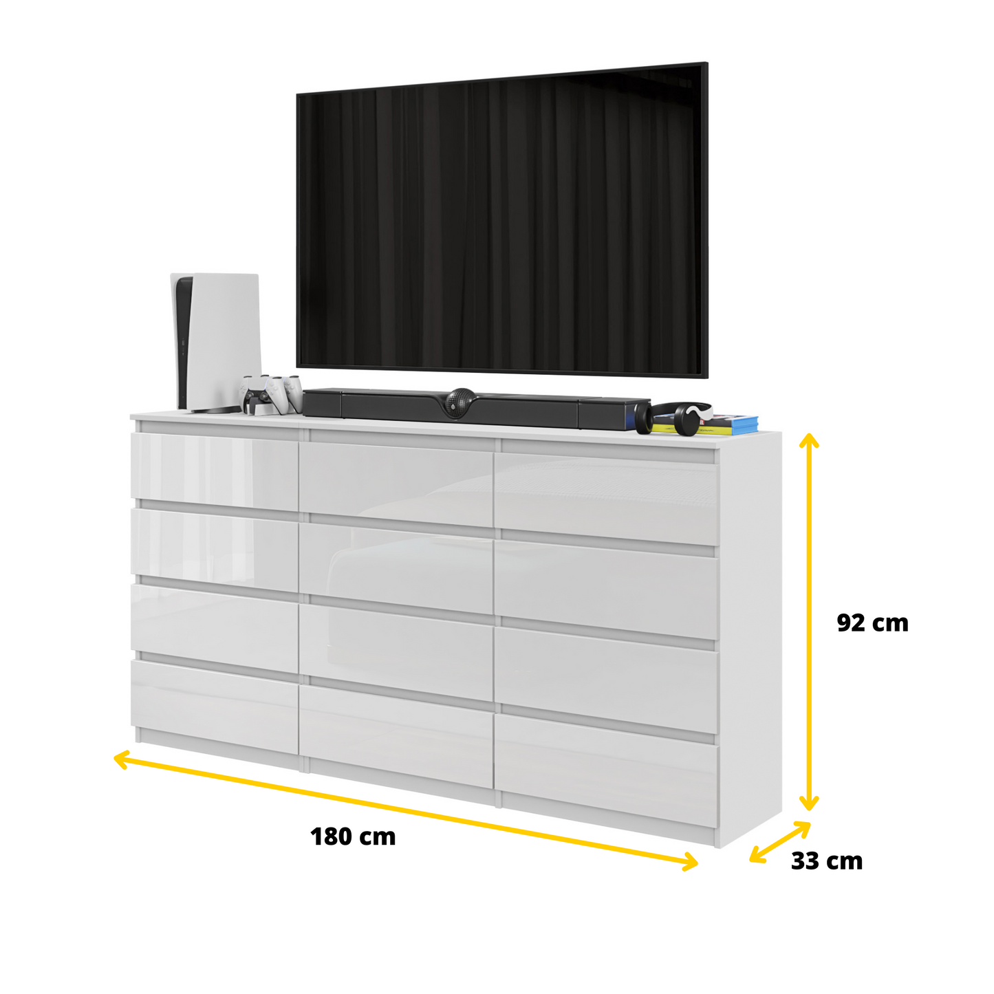 GABRIEL - Kommode / Sideboard mit 12 Schubladen (8+4) - Weiß Gloss