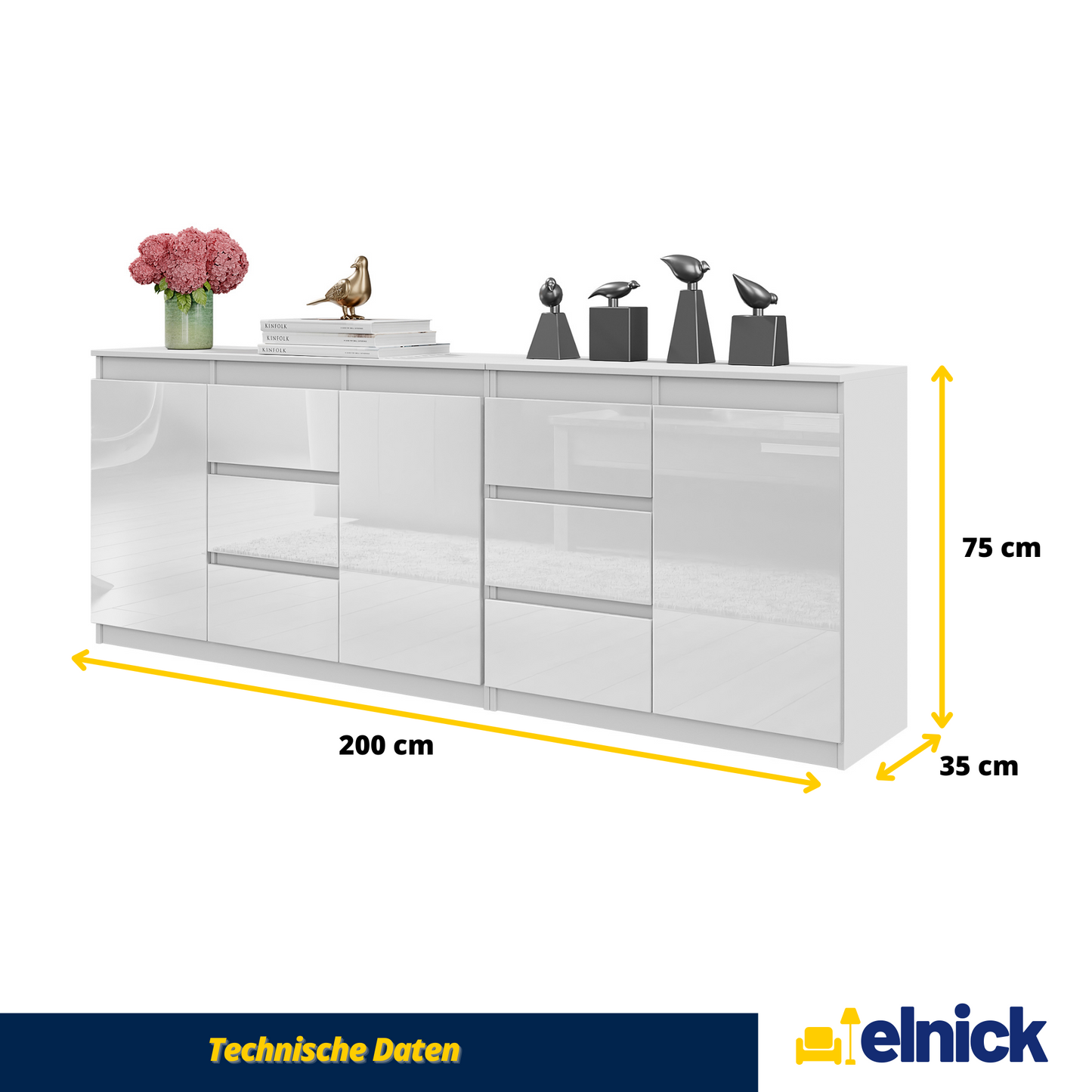 MIKEL - Kommode / Sideboard mit 6 Schubladen und 3 Türen - Weiß Matt / Weiß Gloss