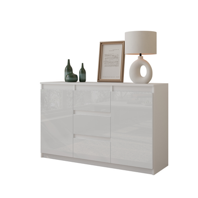MIKEL - Kommode / Sideboard mit 3 Schubladen und 2 Türen - Weiß Matt / Weiß Gloss