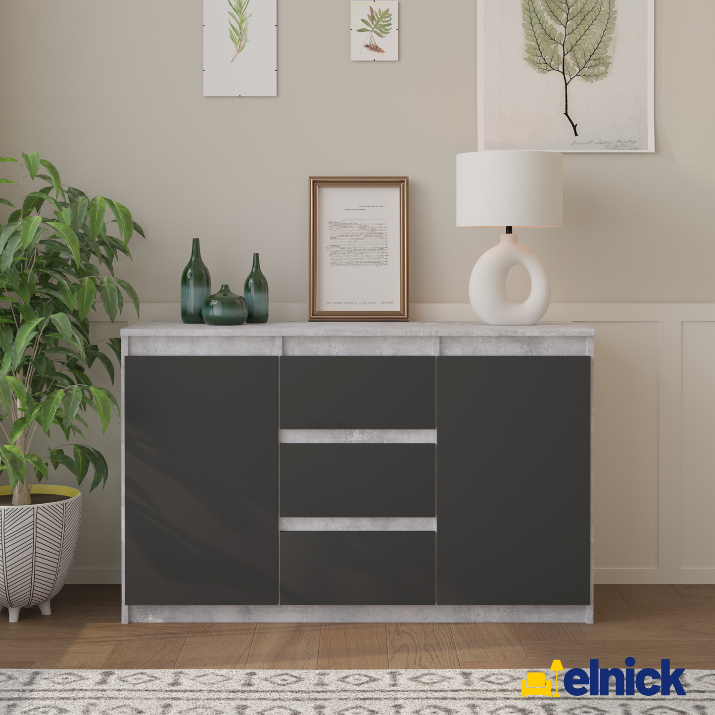 MIKEL - Kommode / Sideboard mit 3 Schubladen und 2 Türen - Beton-Optik / Anthrazit Grau