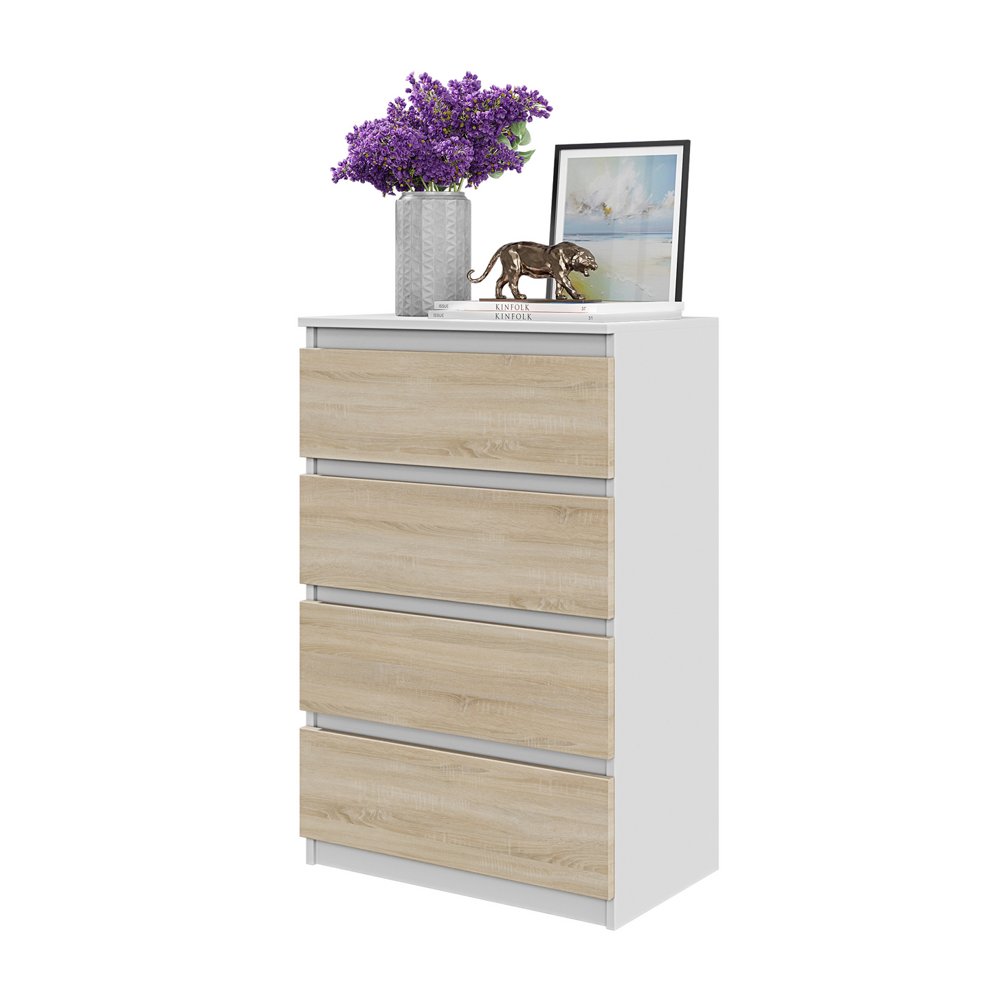 GABRIEL - Kommode / Sideboard mit 4 Schubladen - Weiß Matt / Sonoma Eiche H92cm B60cm T33cm