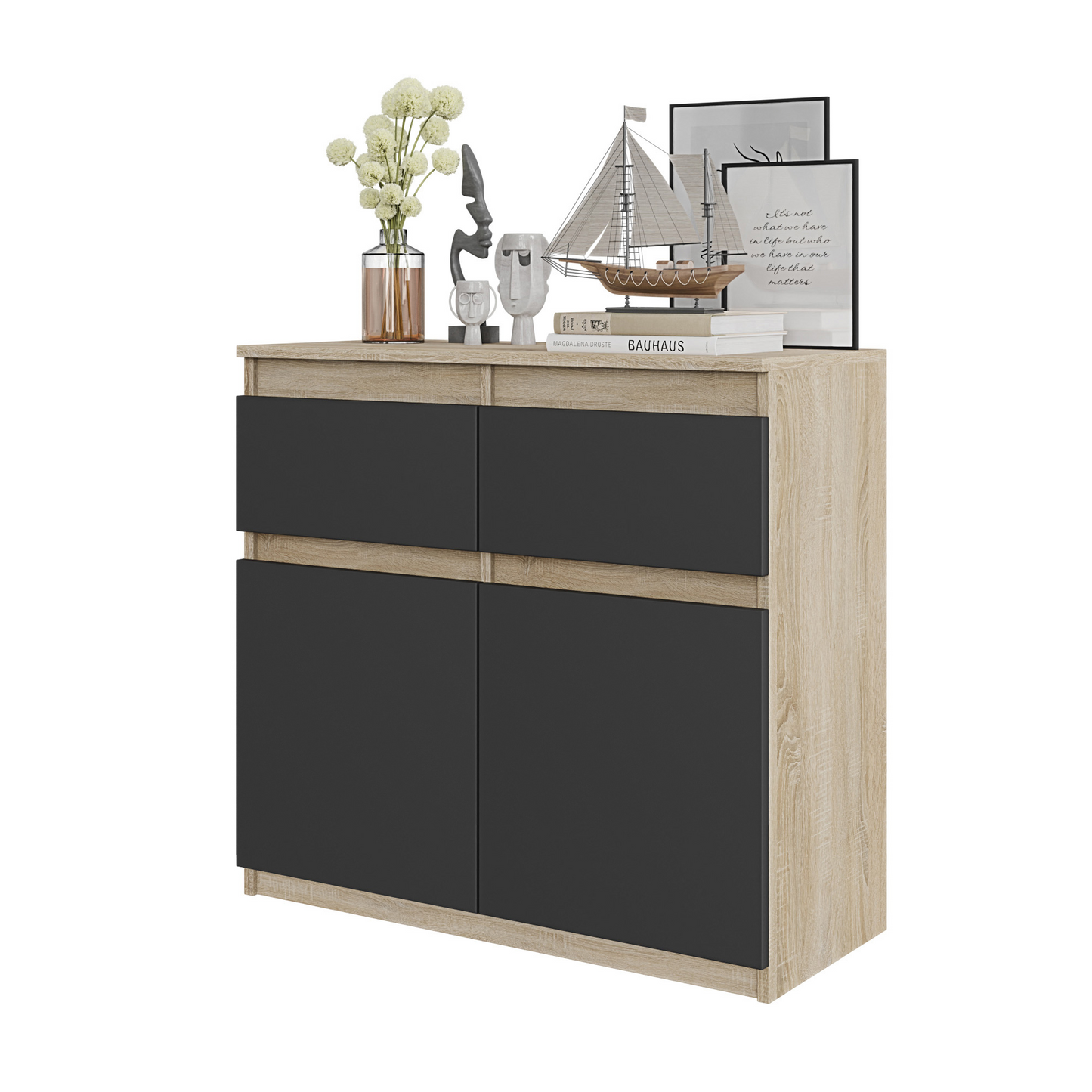 NOAH - Kommode / Sideboard mit 2 Schubladen und 2 Türen - Sonoma Eiche / Anthrazit Grau