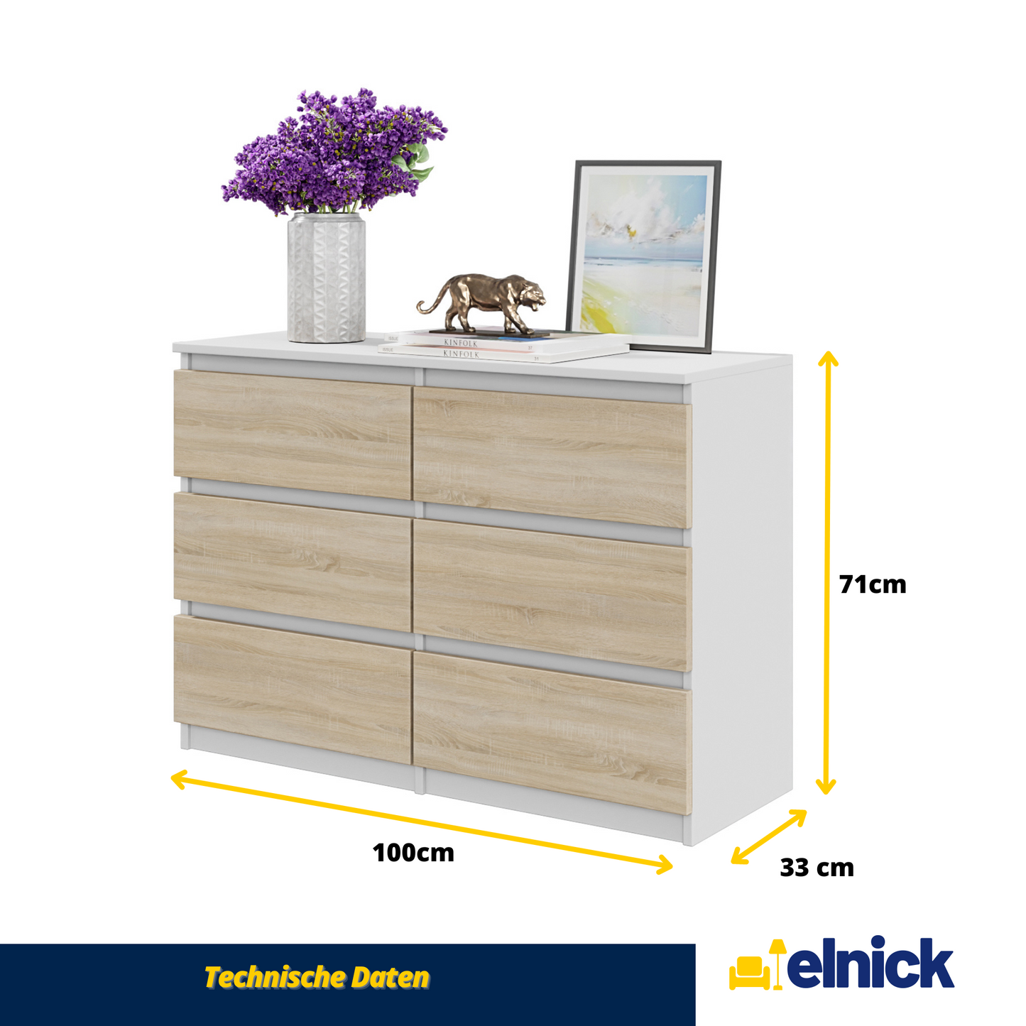 GABRIEL - Kommode / Sideboard mit 6 Schubladen - Weiß Matt / Sonoma Eiche H71cm B100cm T33cm