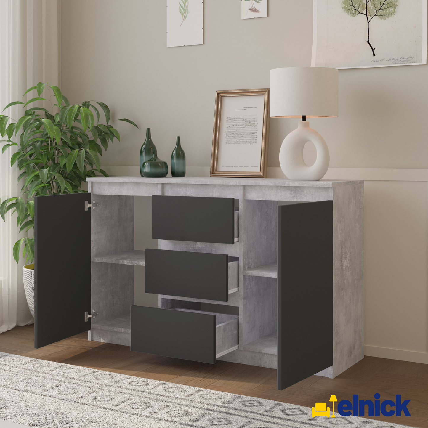 MIKEL - Kommode / Sideboard mit 3 Schubladen und 2 Türen - Beton-Optik / Anthrazit Grau