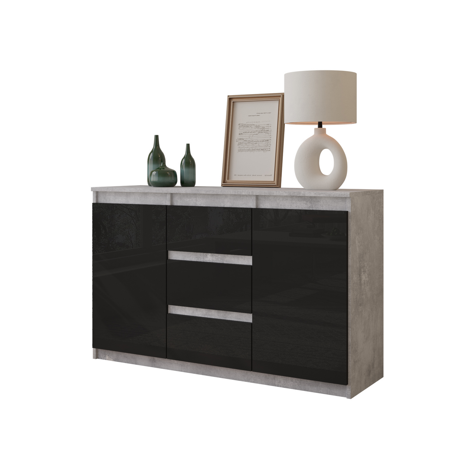 MIKEL - Kommode / Sideboard mit 3 Schubladen und 2 Türen - Beton-Optik / Schwarz Gloss