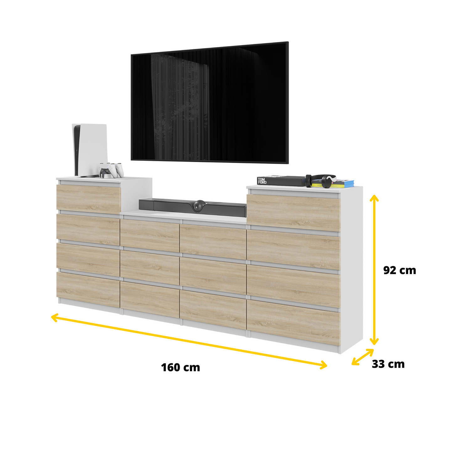 GABRIEL - Kommode / Sideboard mit 14 Schubladen (4+6+4) - Weiß Matt / Sonoma Eiche