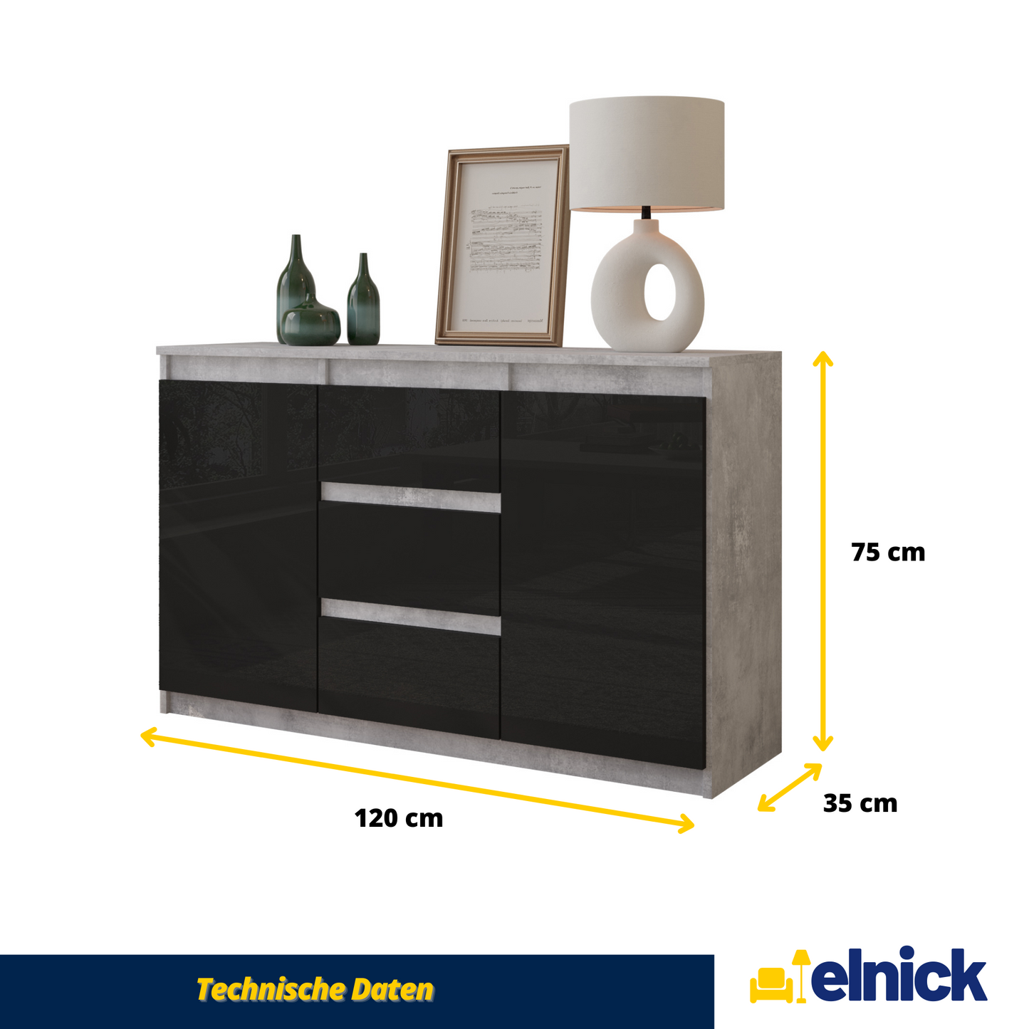 MIKEL - Kommode / Sideboard mit 3 Schubladen und 2 Türen - Beton-Optik / Schwarz Gloss