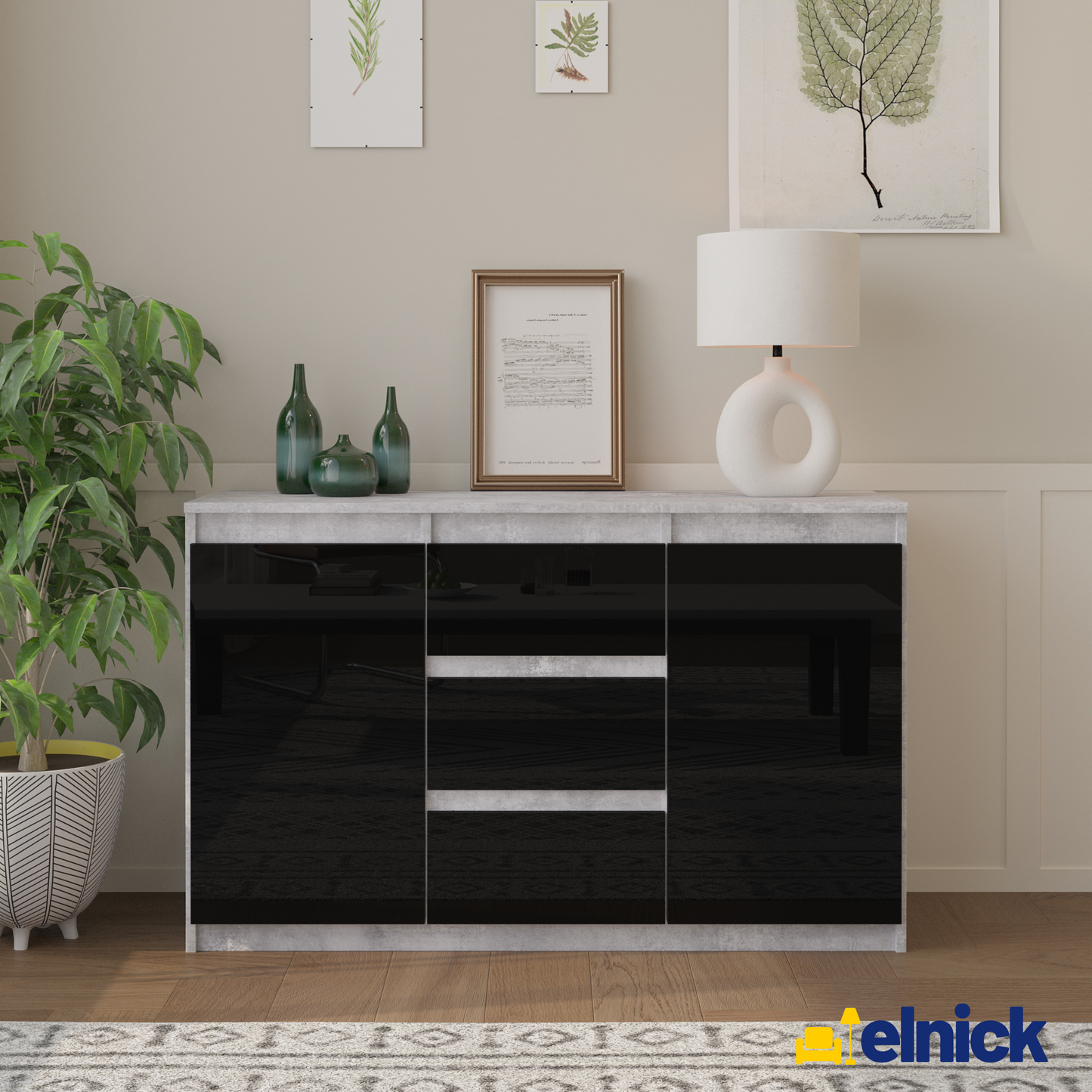 MIKEL - Kommode / Sideboard mit 3 Schubladen und 2 Türen - Beton-Optik / Schwarz Gloss