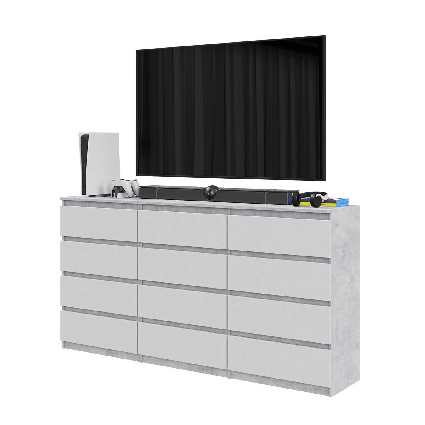 GABRIEL - Kommode / Sideboard mit 12 Schubladen (8+4) - Beton-Optik / Weiß Matt